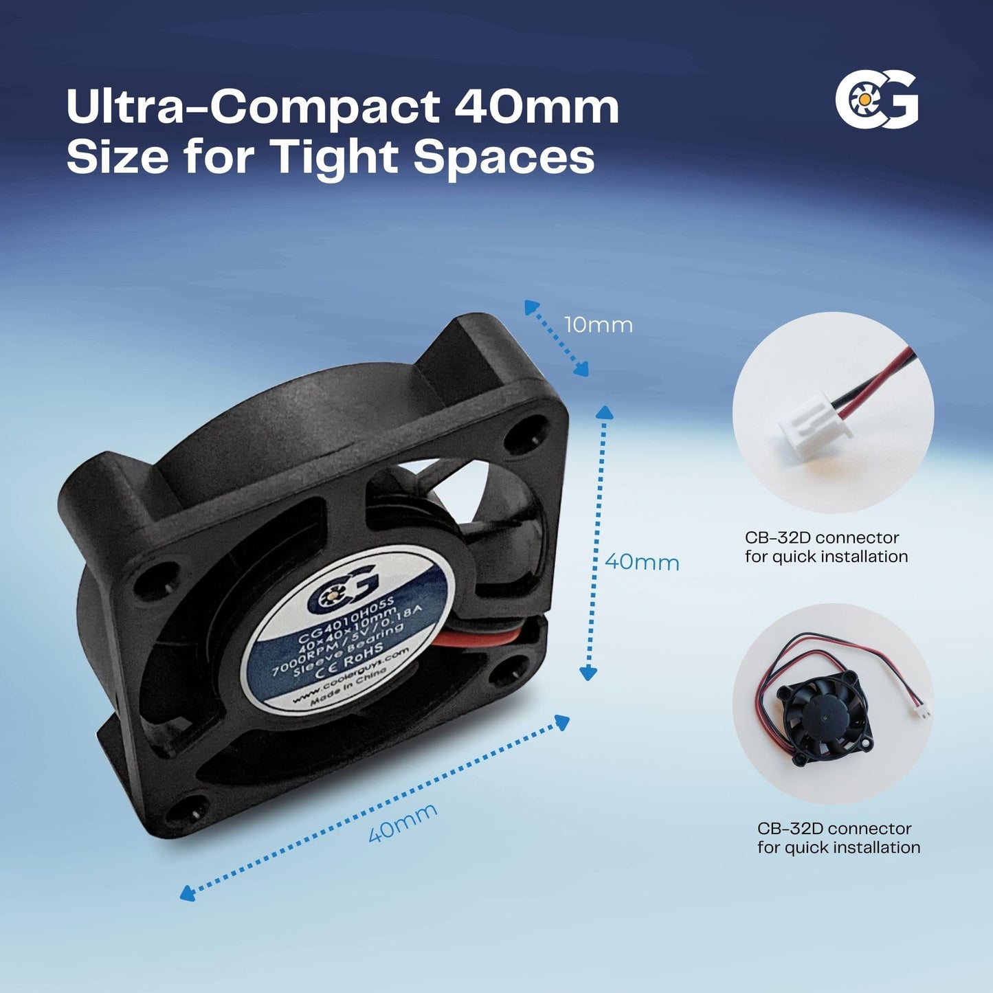 Coolerguys 40x40x10mm 5V 2-Pin High-Speed Fan - Desktop Computer Fan - 7000 RPM, 5.14 CFM, 33.5 dBA Noise Level