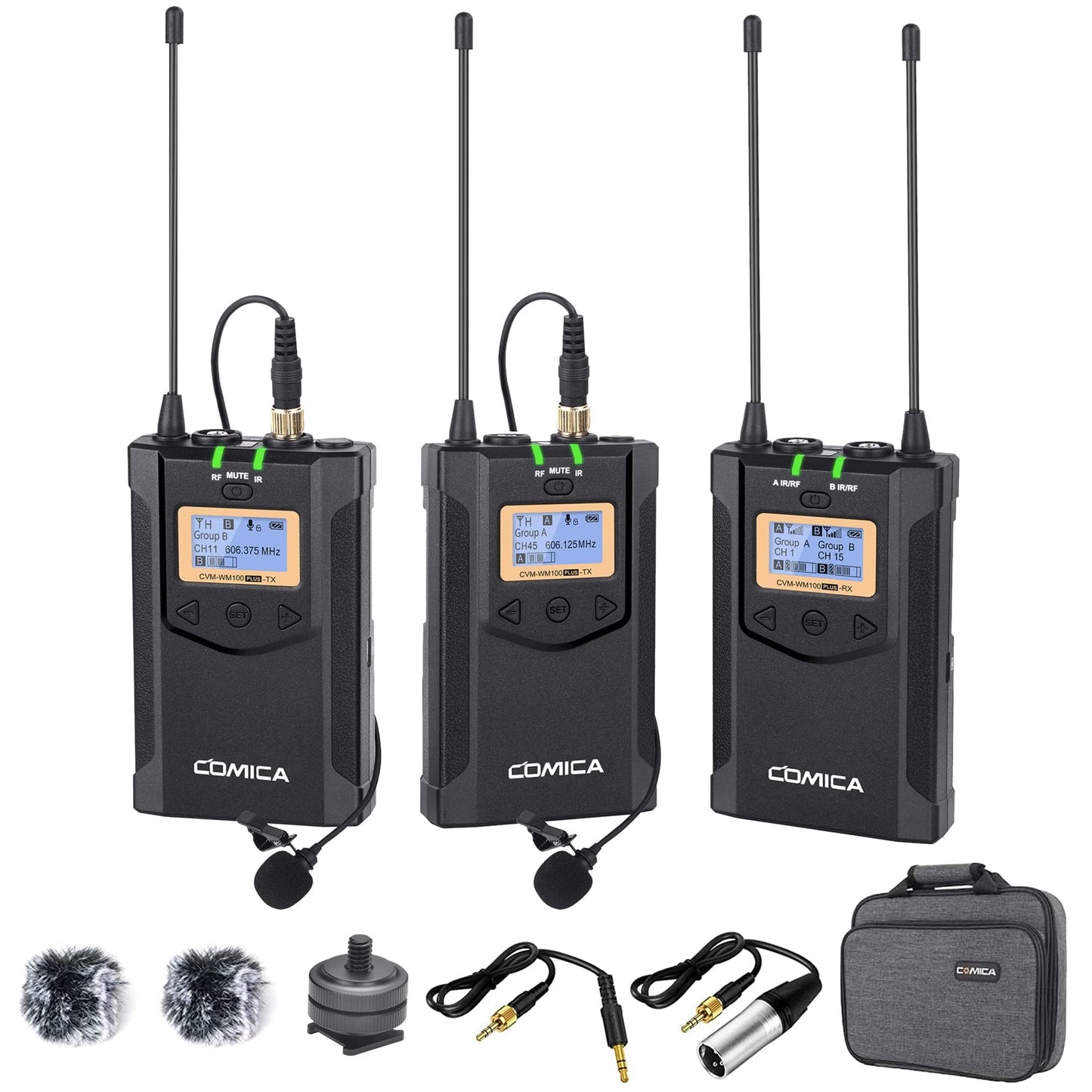 Wireless Lavalier Microphone, with Carrying Bag,Comica CVM-WM100 PLUS UHF 48 Channels Dual Lapel Microphone System for DSLR Cameras, XLR Camcorder
