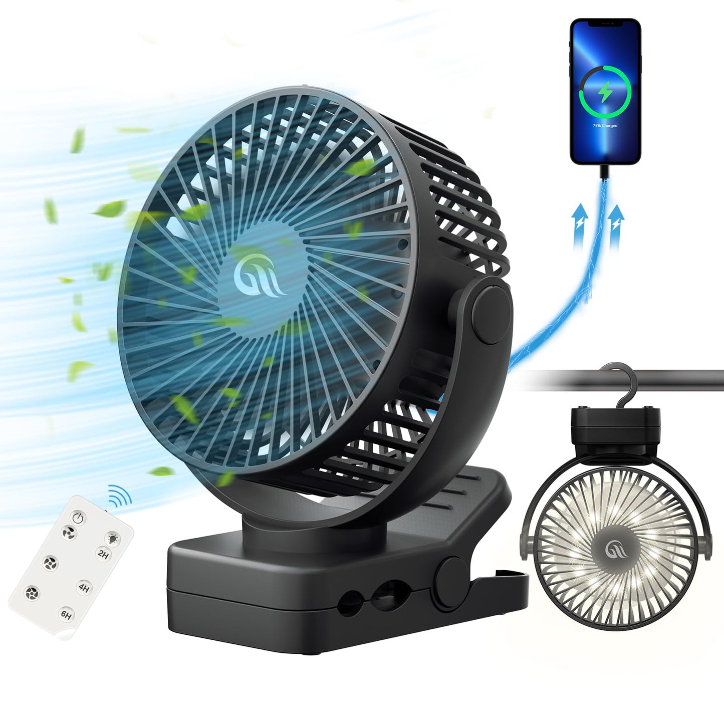 OUTERFAN Portable Fan with Remote Control & Timer & LED Lights, 60hrs 12000mAh USB Rechargeable Battery?Clamp/Hanging/Stand Up, Small Clip on Fan