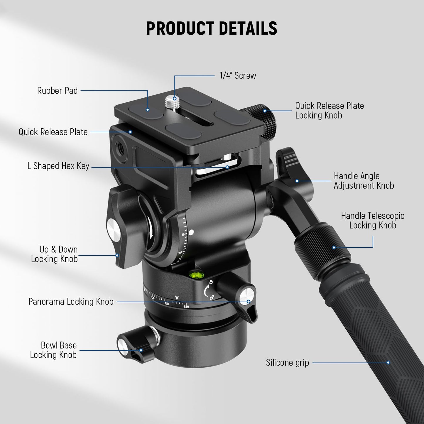 NEEWER Tripod Fluid Head with +/-7° Leveling Base (?48mm), Metal Mini Pan Tilt Video Head Mount with Arca Type QR Plate, Telescopic Handle for Compact
