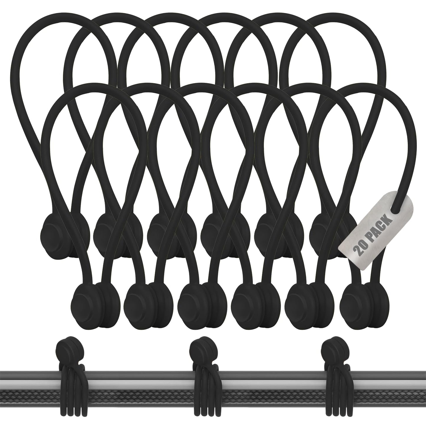20-Pack Black Magnetic Cable Ties - Snap-On Silicone Cord Ties with Strong Magnets - Reusable Magnetic Cord Ties for Cable Management, Wire Organizer