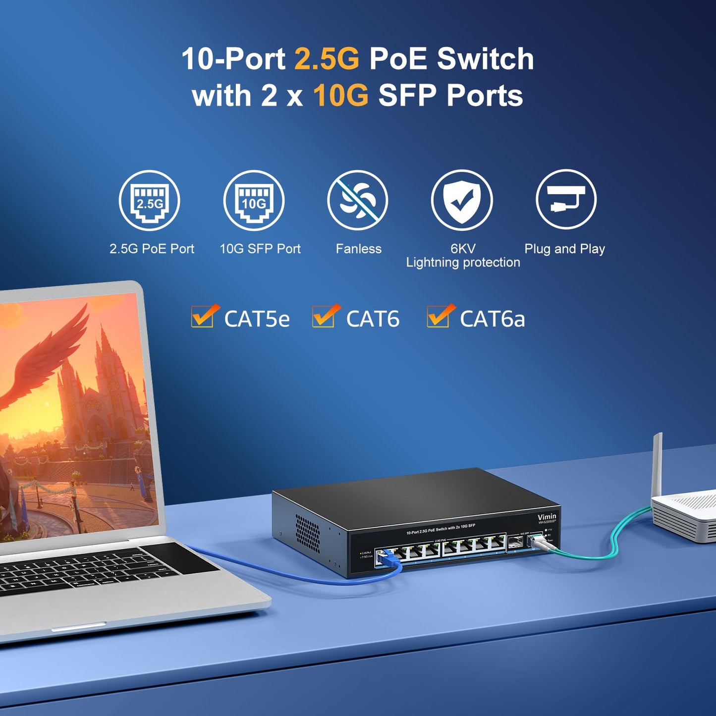 8 Port 2.5G PoE Switch Unmanaged, VIMIN 10x 2.5G Base-T PoE Switch, 2X 10G SFP+ PoE Switch IEEE802.3af/at, 80Gbps Ethernet Switching Capacity, 150W