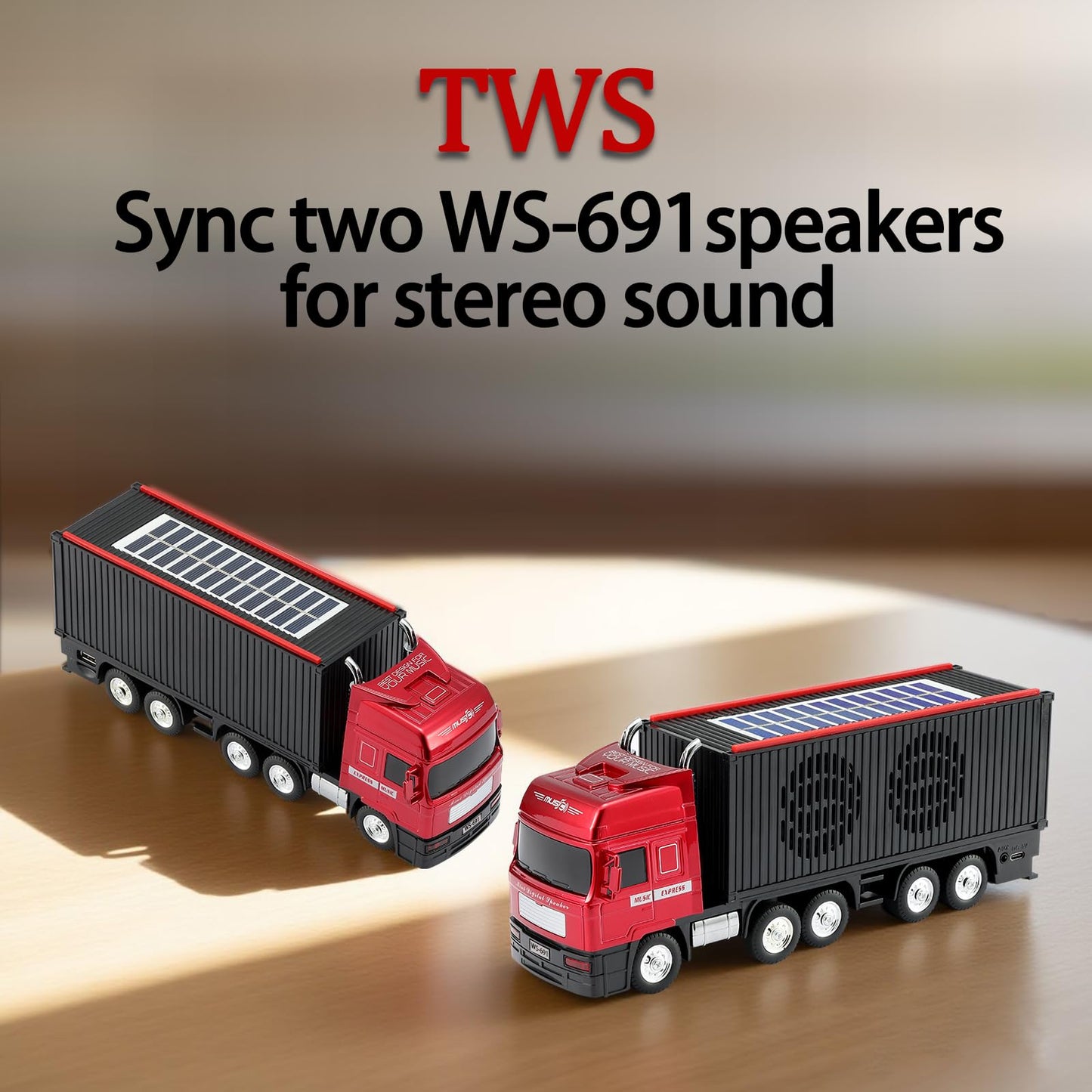 WSTER WS-691 Solar Cool Truck Bluetooth Replica Speaker, Portable Car Bluetooth Speaker with HD Sound, TWS Pairing, FM Radio, USB/TF Playback, LED