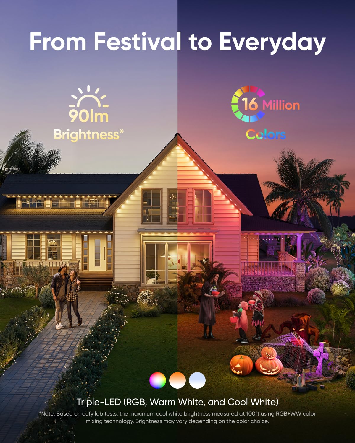 eufy Permanent Outdoor Lights E22, 100ft with 60 Triple-LED Lights, Smart RGBWW for Christmas, Daily and Holiday, Up to IP67 Waterproof, AI Light