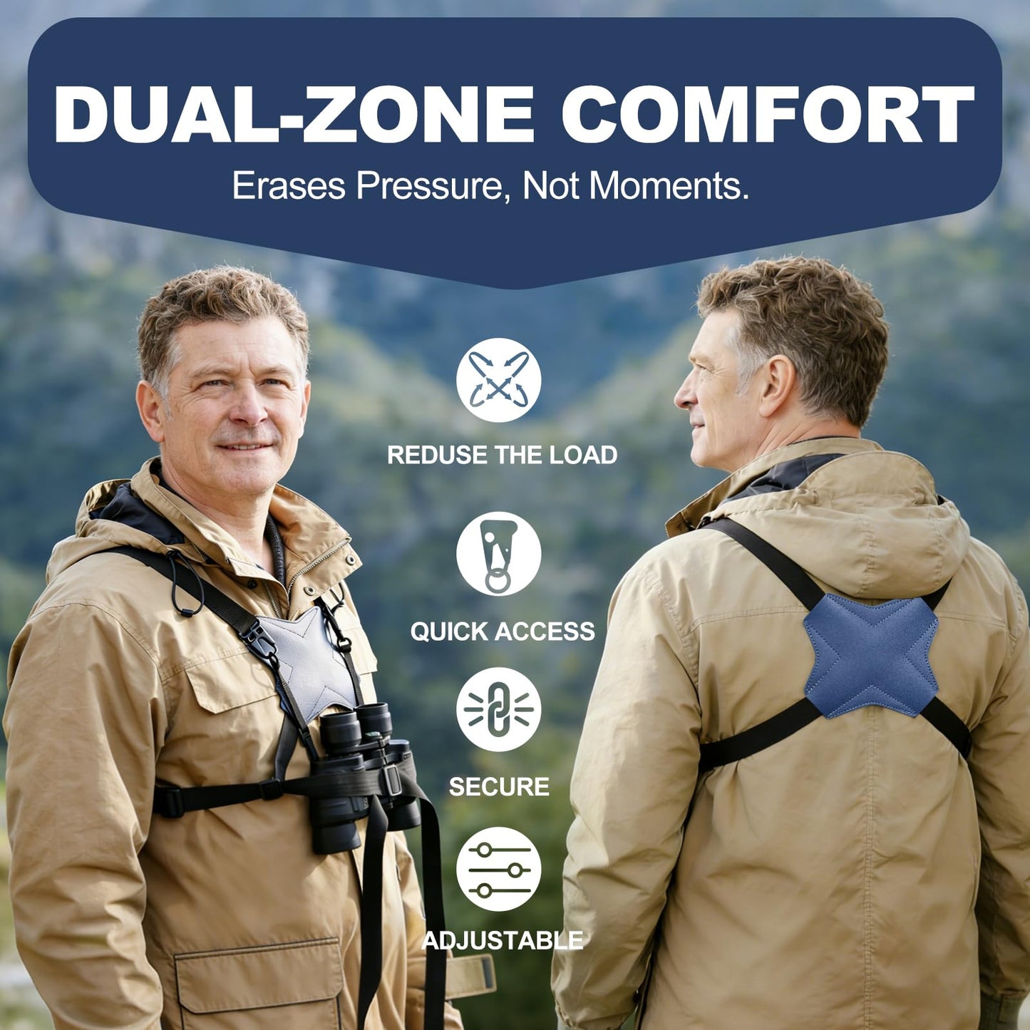 HTtoy Binocular Harness Strap, New Double-Sided Leather X-shaped Design Adjustable for Hunting, Hiking & Birding, Binocular Harness Fits for Carrying