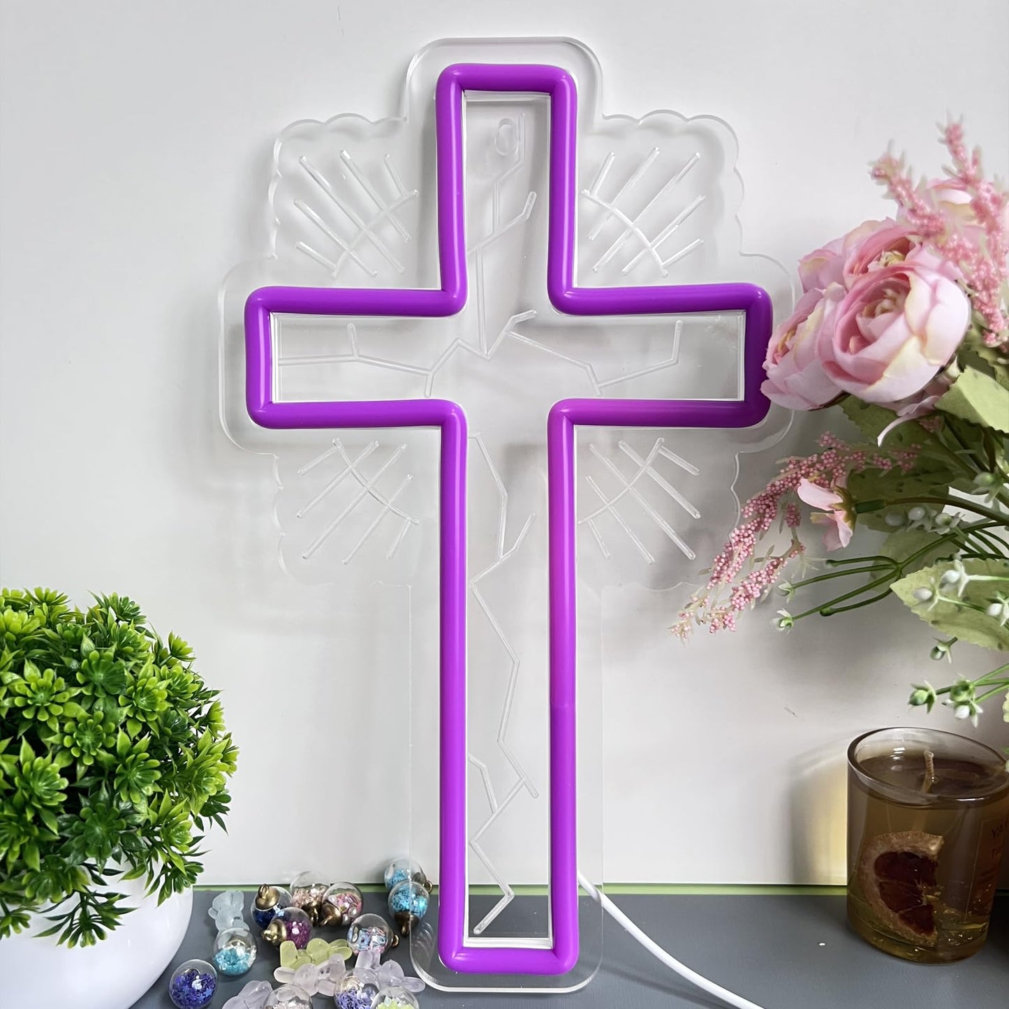 Purple Cross Neon Light LED Sign for Wall Decor - Christian Religious Art for Bedroom, Church, Prayer Room - Acrylic Neon Lamp for Baptism, Easter