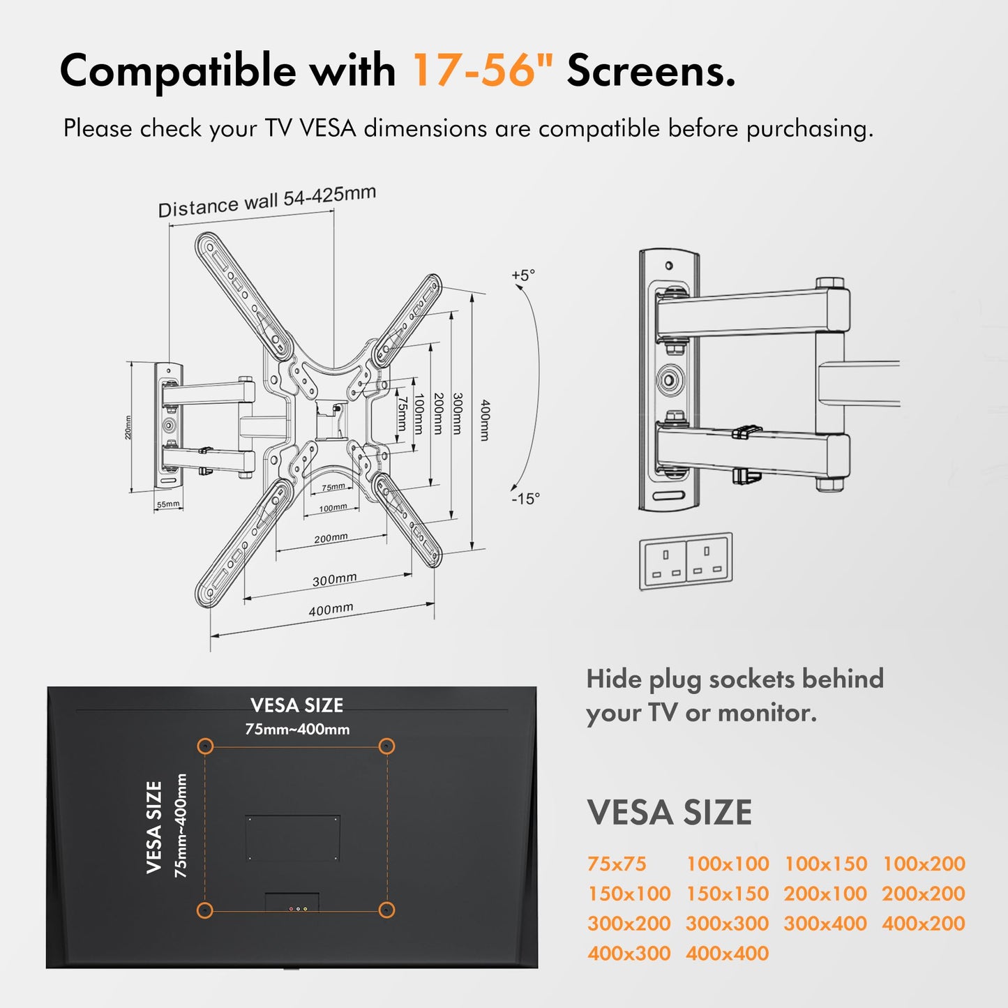 VonHaus by Designer Habitat Cantilever TV Wall Mount Swivel Bracket for LCD Plasma TV (13 - 37") to Fit All VESA 75mm & 100mm + Extension Plates