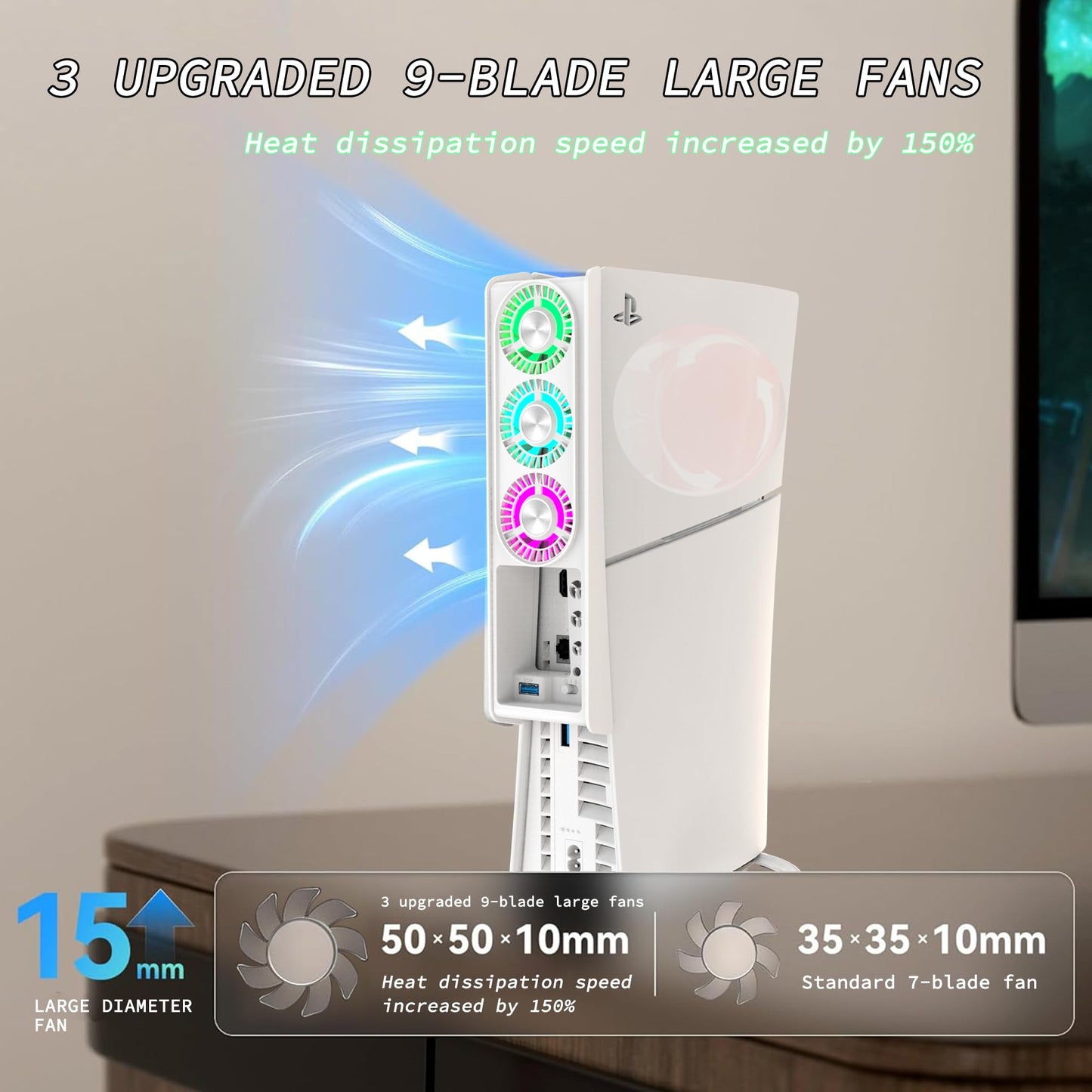 PS5 Cooling Fan with 7 Color-changing LED Light,Auto-Speed 9-Blade Quiet Fan,USB 3.0 Hub.The Accessories Compatible with PlayStation 5 Slim/Optical