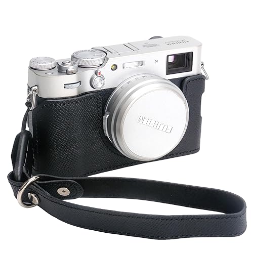 Bowan X100V Camera Case, Handmade Genuine Real Leather Half Camera Case Bag Cover for Fujifilm X100V Camera Bottom Opening Version + Hand Strap
