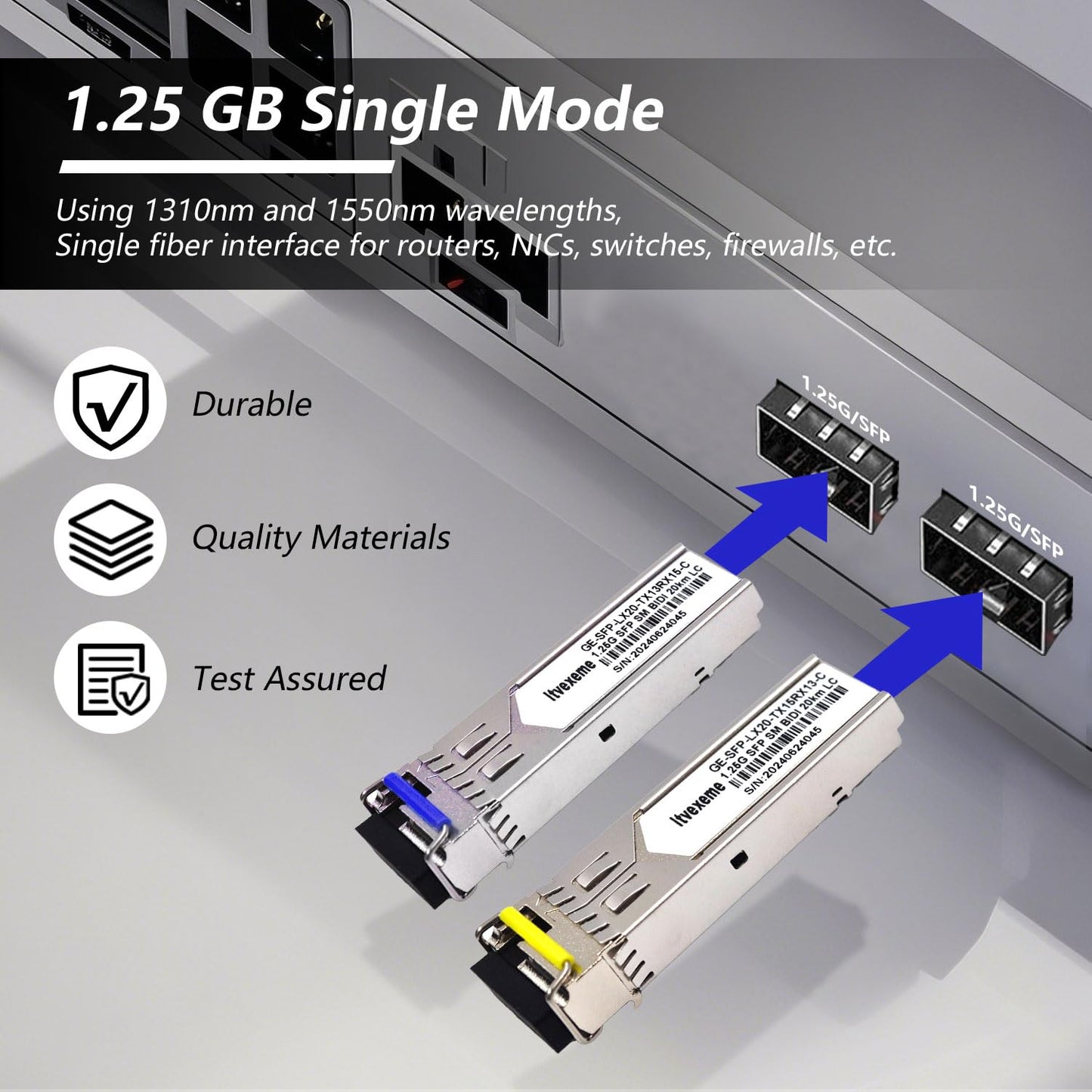 2 Pairs 1.25G BIDI SFP Network Transceiver Module, 1.25 Gigabit Single Mode, LX SM 1310nm 1550nm 20km, Single Fiber Interface for Router, Network
