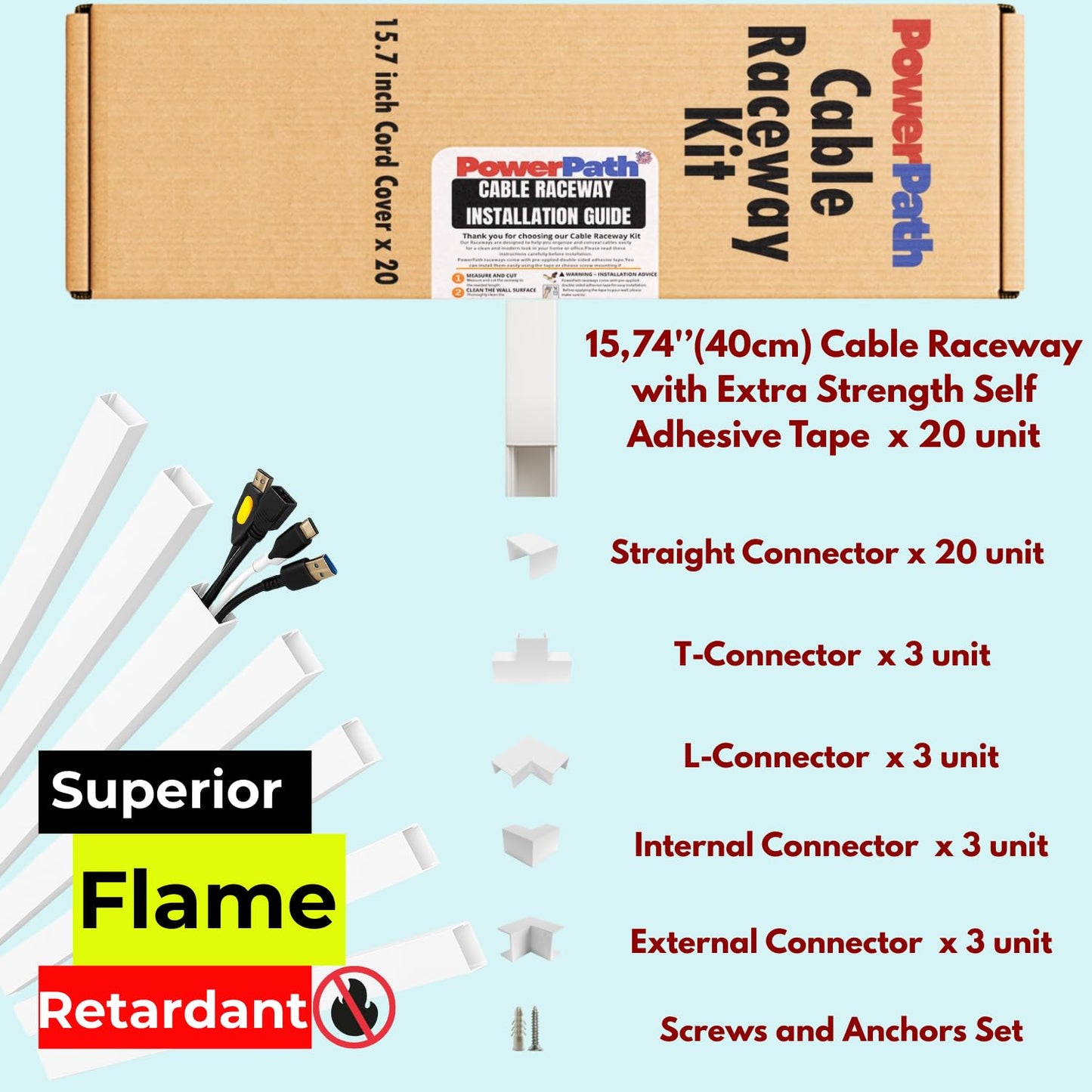 Cable Management Kit | 20 Pack x 15.7” PVC Wire Hider with Connectors | T & L Corners | Inside & Outside Corners | Screws | Paintable Wall Cord Cover