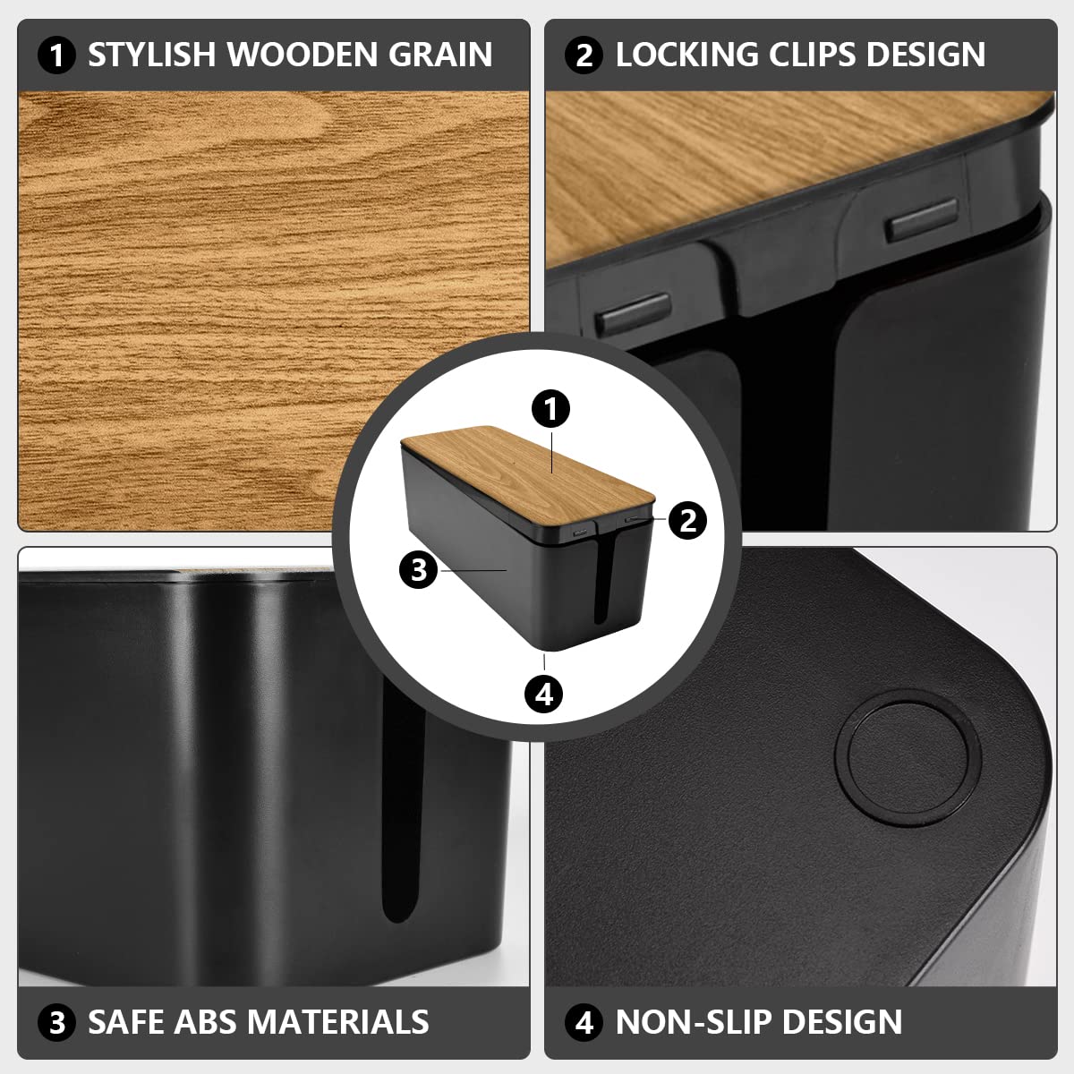 Cable Management Box Large - Wooden Grain Cable Organizer Box to Hide Wires&Power Strips,TV&Desk Computer Wires,with Cable Clips&Reusable Cable Ties
