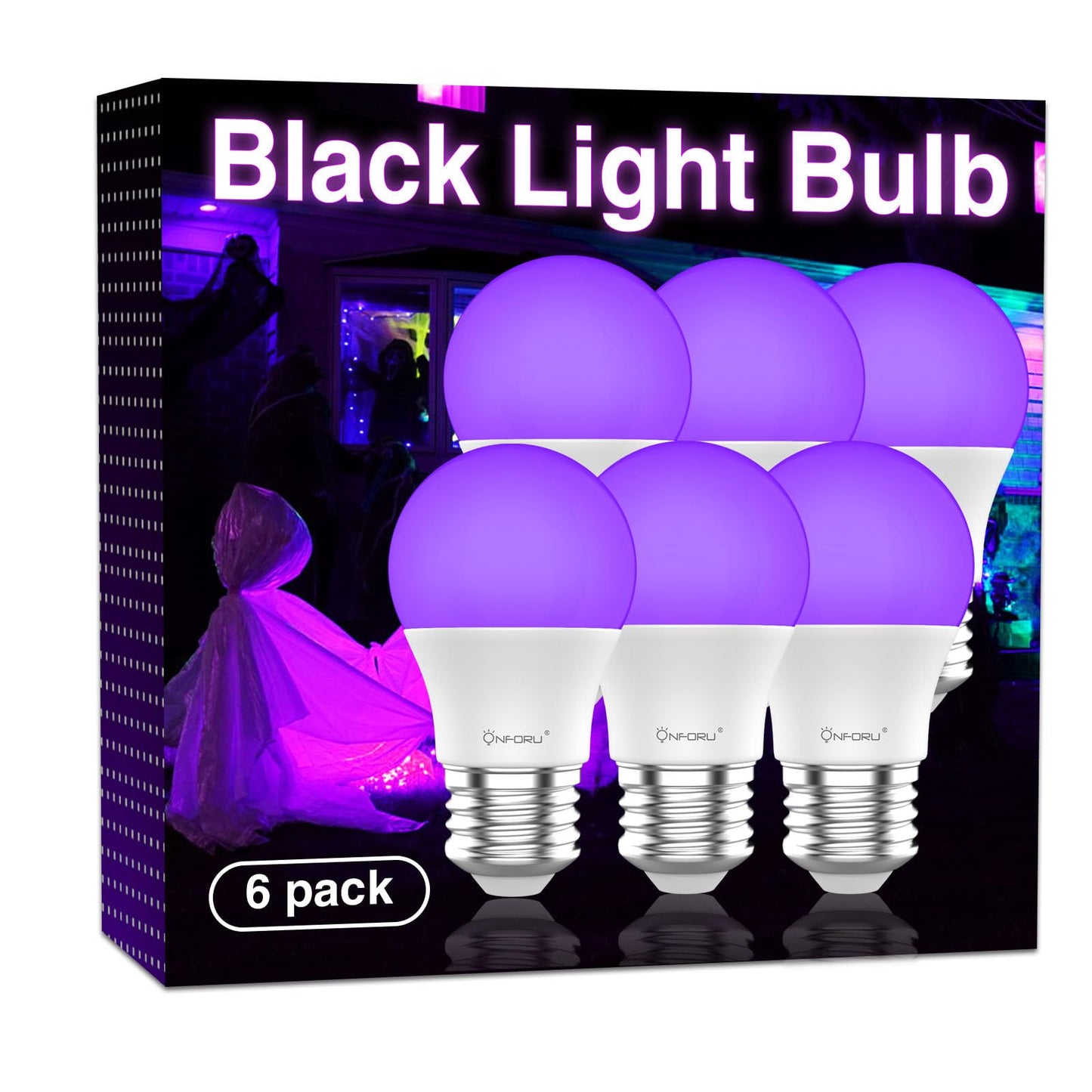 Onforu A19 E26 Blacklight Bulbs, LED Black Lights for Halloween, 6 Pack