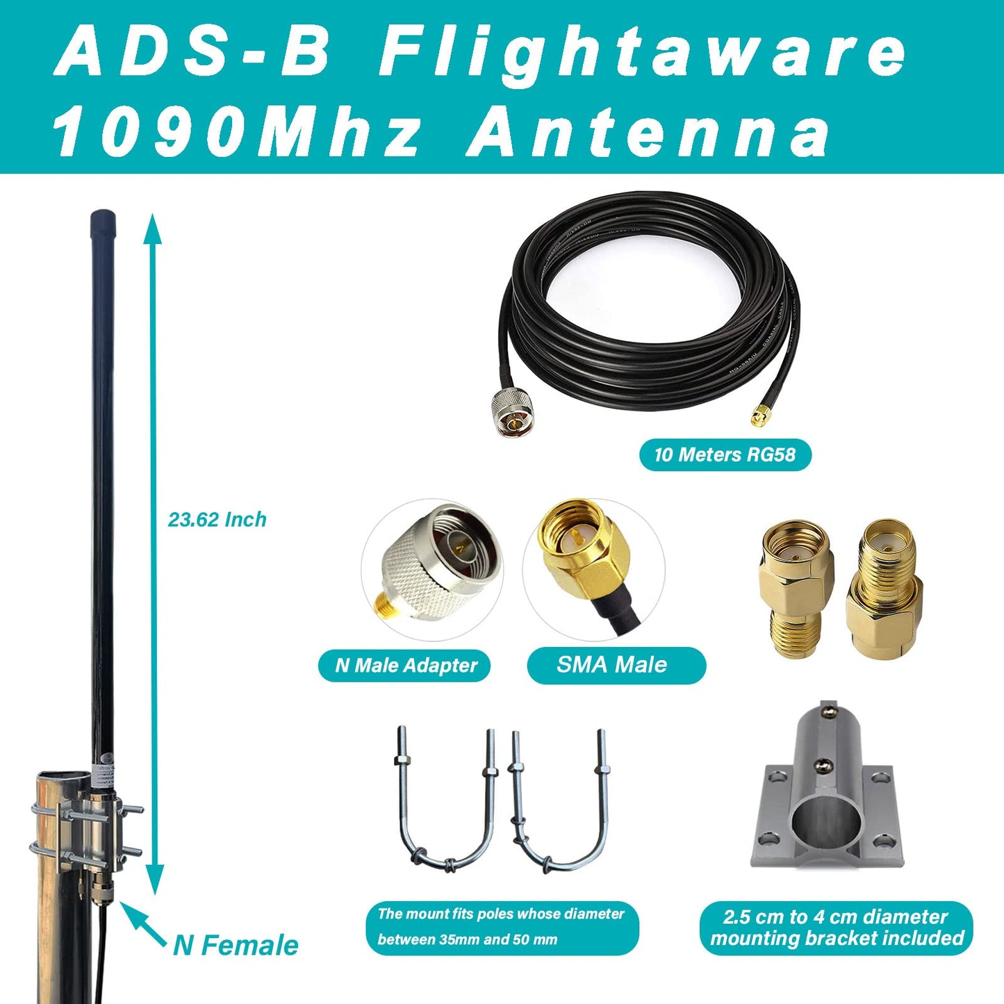 FlightAware ADS-B Antenna - Dual Band 1090MHz/978MHz, Omnidirectional, 6dBi, N-Type Female, 32ft N-Male to SMA-Male Extension Cable