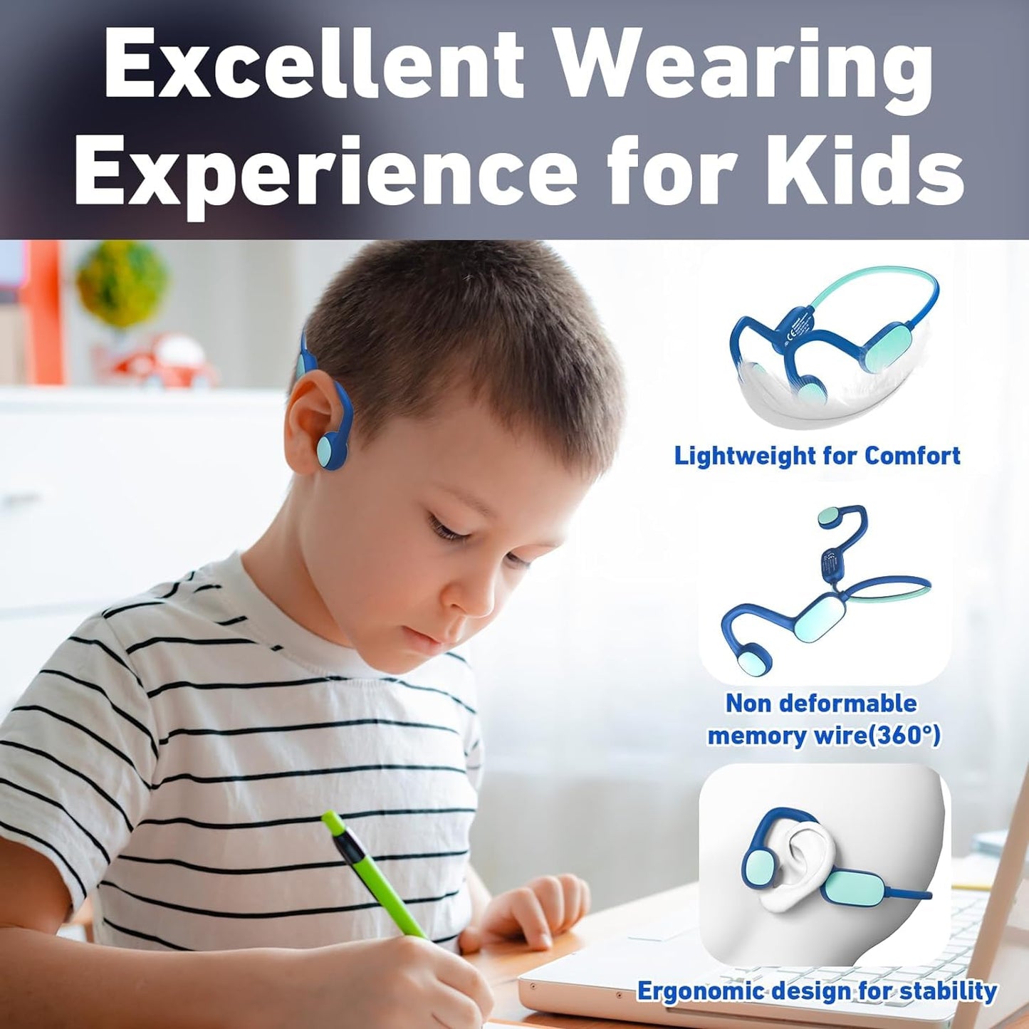 Mehomeli Kids Headphones, Bluetooth 5.2 Air Conduction Open Ear Headphones, 85dB Volume Limiting, Blue Pink
