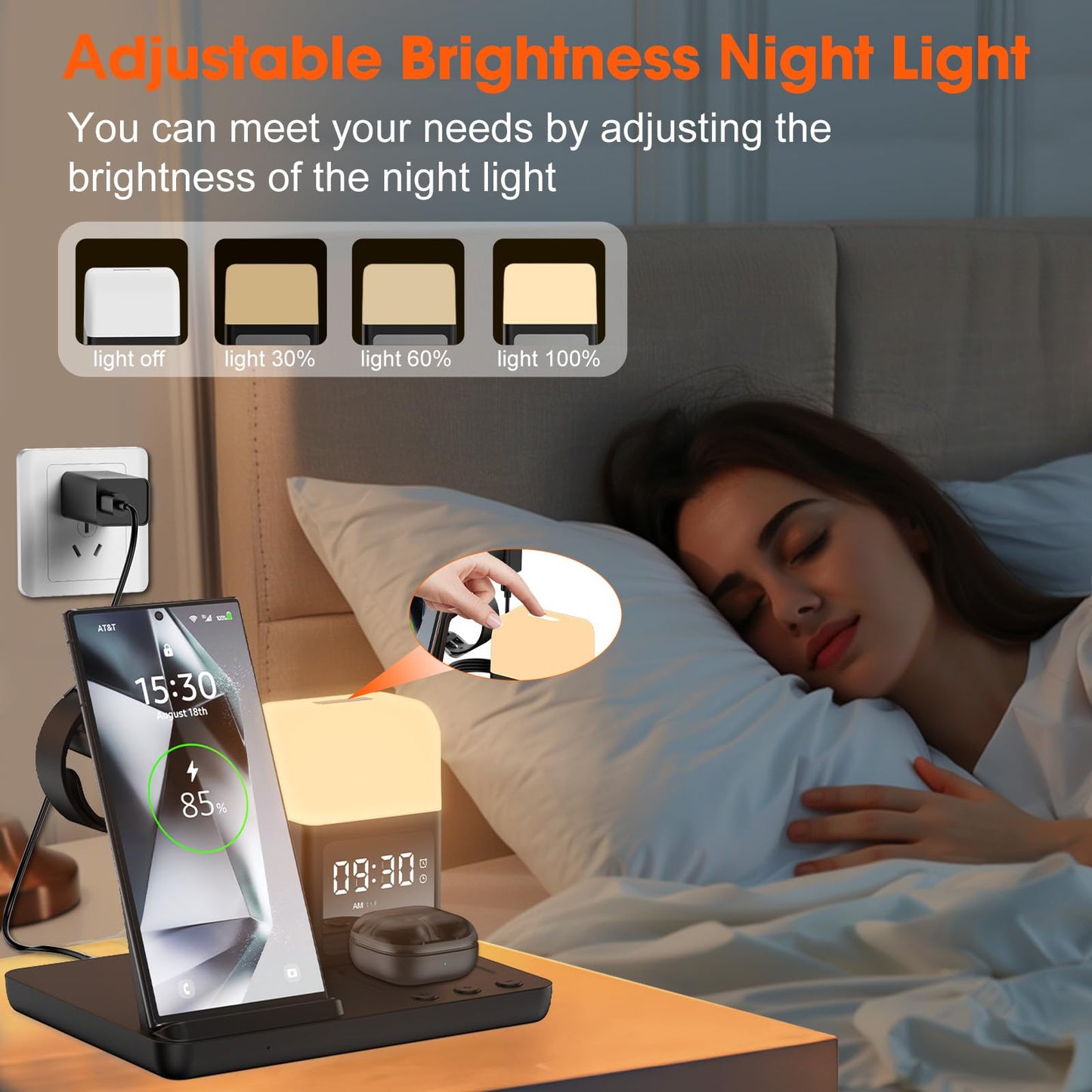 Wireless Charger for Samsung/Android Charging Station, 6 in 1 Fast Watch Charger with Alarm Clock-Night Light, Compatible for Galaxy S25 Ultra/S24