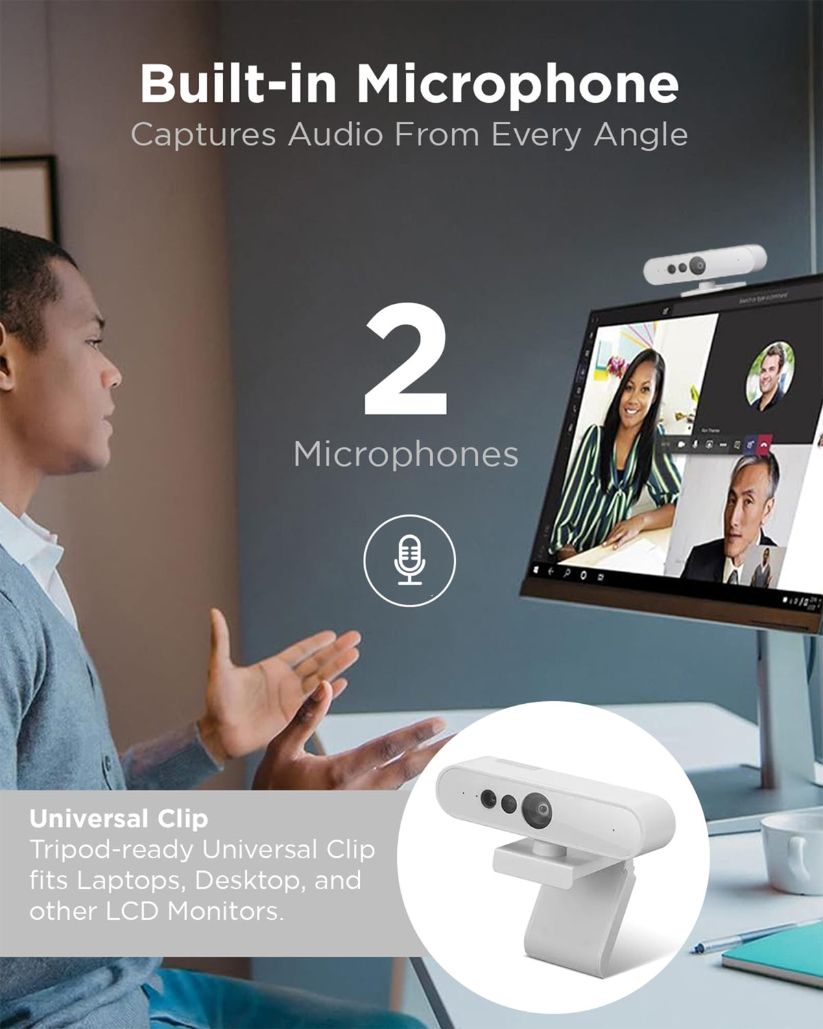 Lenovo HD 1080p Webcam (510 FHD) - Monitor Camera with 4X Digital Zoom, 95° Wide Angle, 360° Rotation Pan & Tilt - Desktop Cam with Dual Microphones