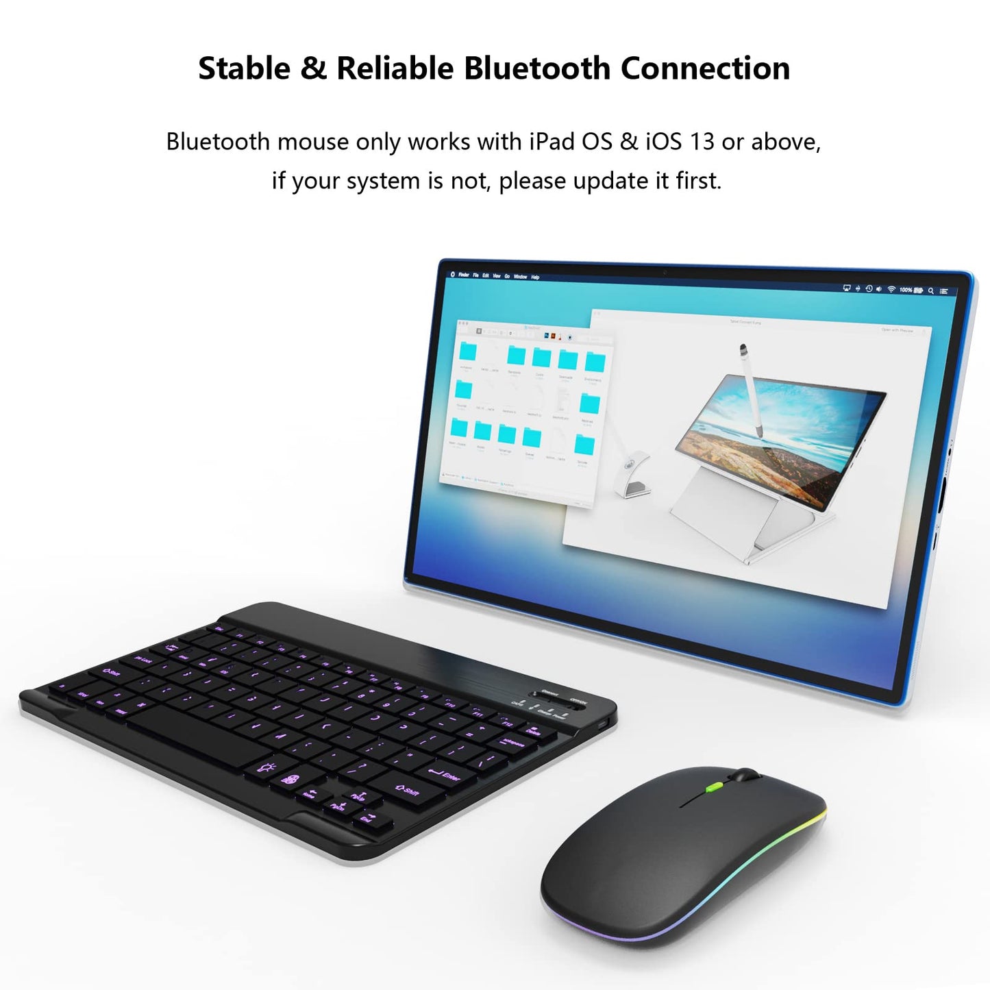 Backlit Bluetooth Keyboard and Mouse Combo for iPad Air Pro Mini Tablet iPhone Android Samsung Smartphone Cell Phone Rechargeable Ultra Slim Compact