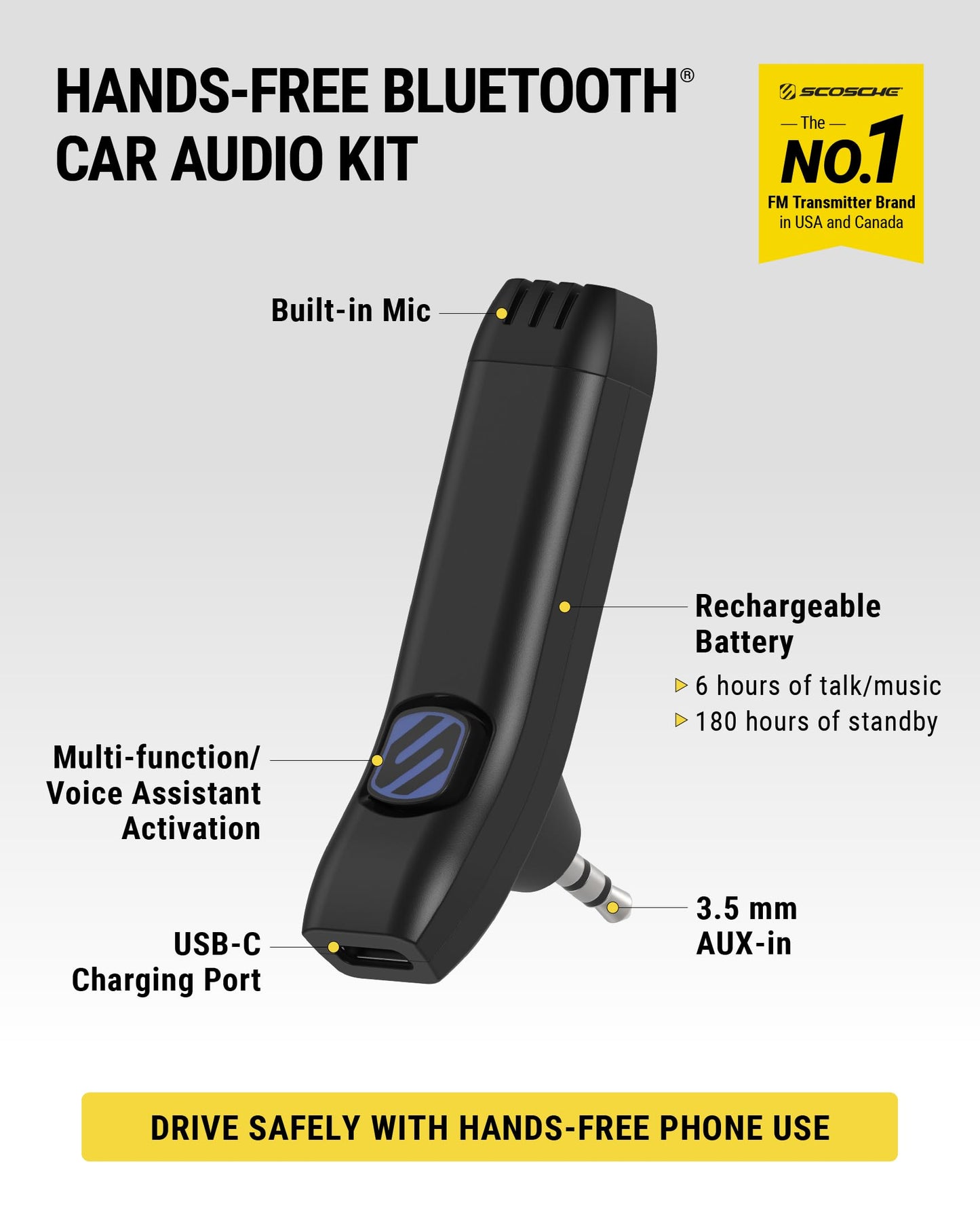 Scosche BTAXS3 Hands-Free Audio Kit, Bluetooth Receiver for Car Stereo with Noise Cancellation, 3.5mm AUX Bluetooth Adapter for Car Radio, Compatible