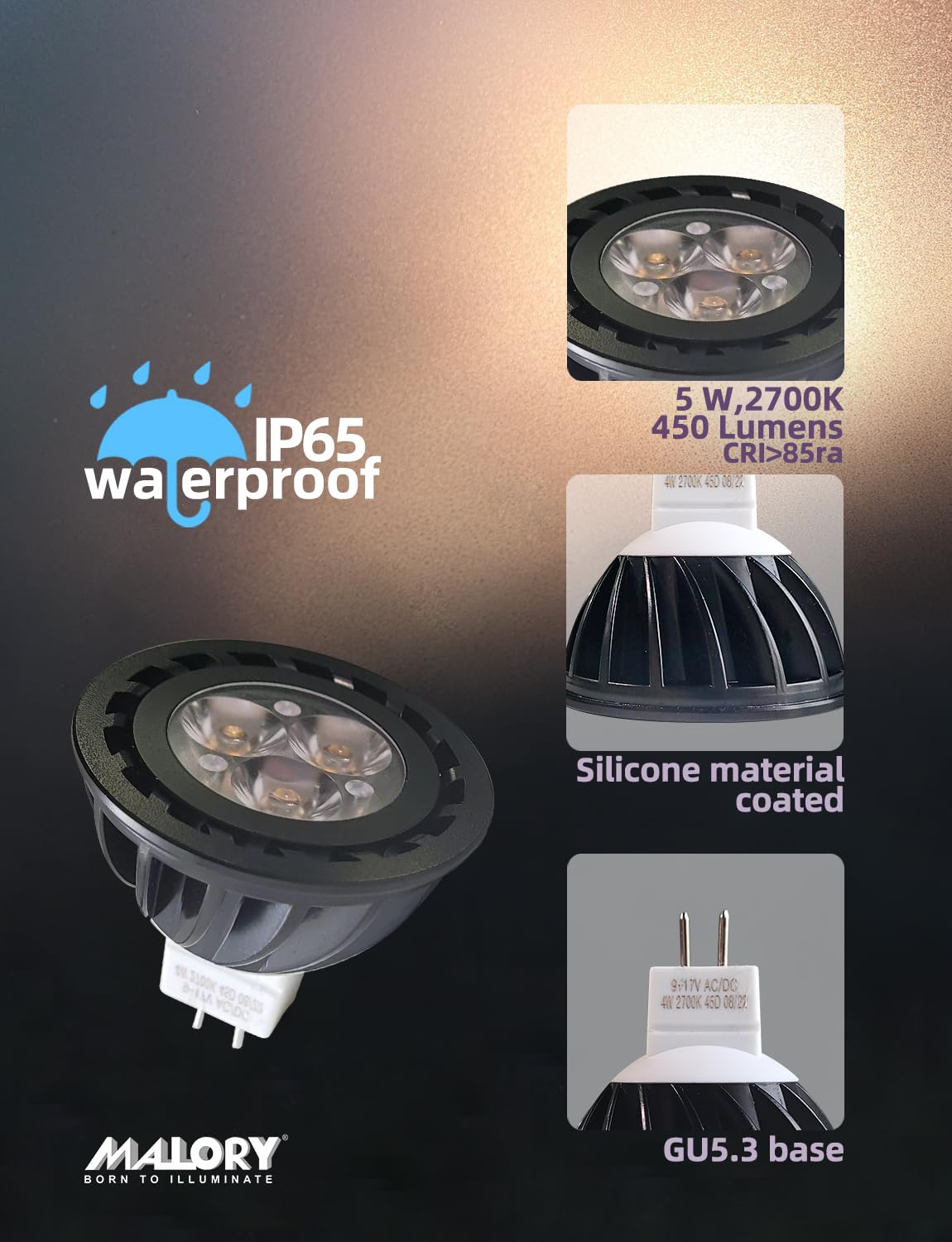 MALORY Upgraded Landscape Light MR16 Bulbs 4Pack, 5W GU5.3 LED