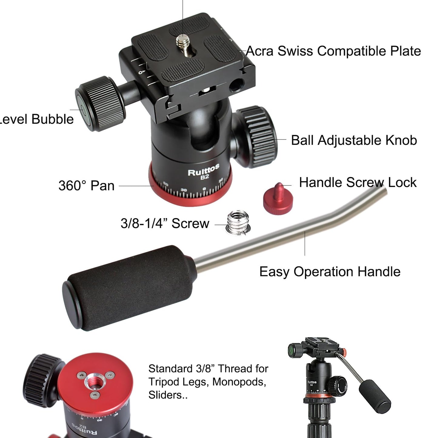 Tripod Ball Head, Ruittos Pan Head Camera Mount with Quick Release Shoe Plate and Handle, 360 Panoramic Ballhead for DSLR/SLR Camera Smart Phone