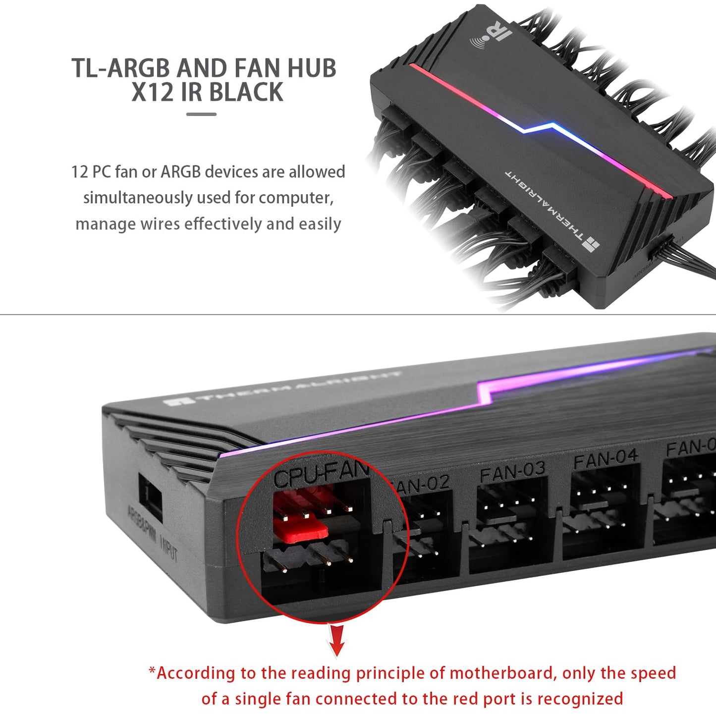 Thermalright ARGB and Fan HUB X12 IR Black ARGB/PWM Fan Hub Controller Used SATA Power Supply,Hub Support 12 Groups of CPU Fans,Power Supply Interface