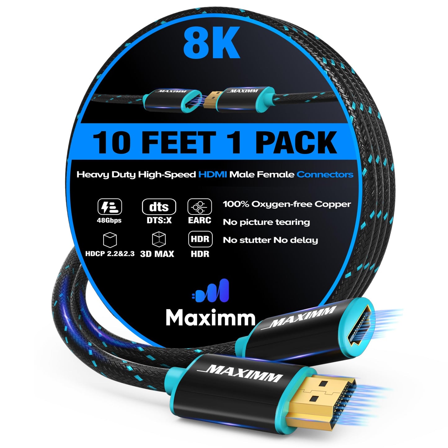 Maximm HDMI Extension Cable Male to Female (10 Feet), 8K & 10K Ultra HD, High-Speed, HDCP, ARC, 3D, 1080p to 2160p Video, 50Gbps Bandwidth
