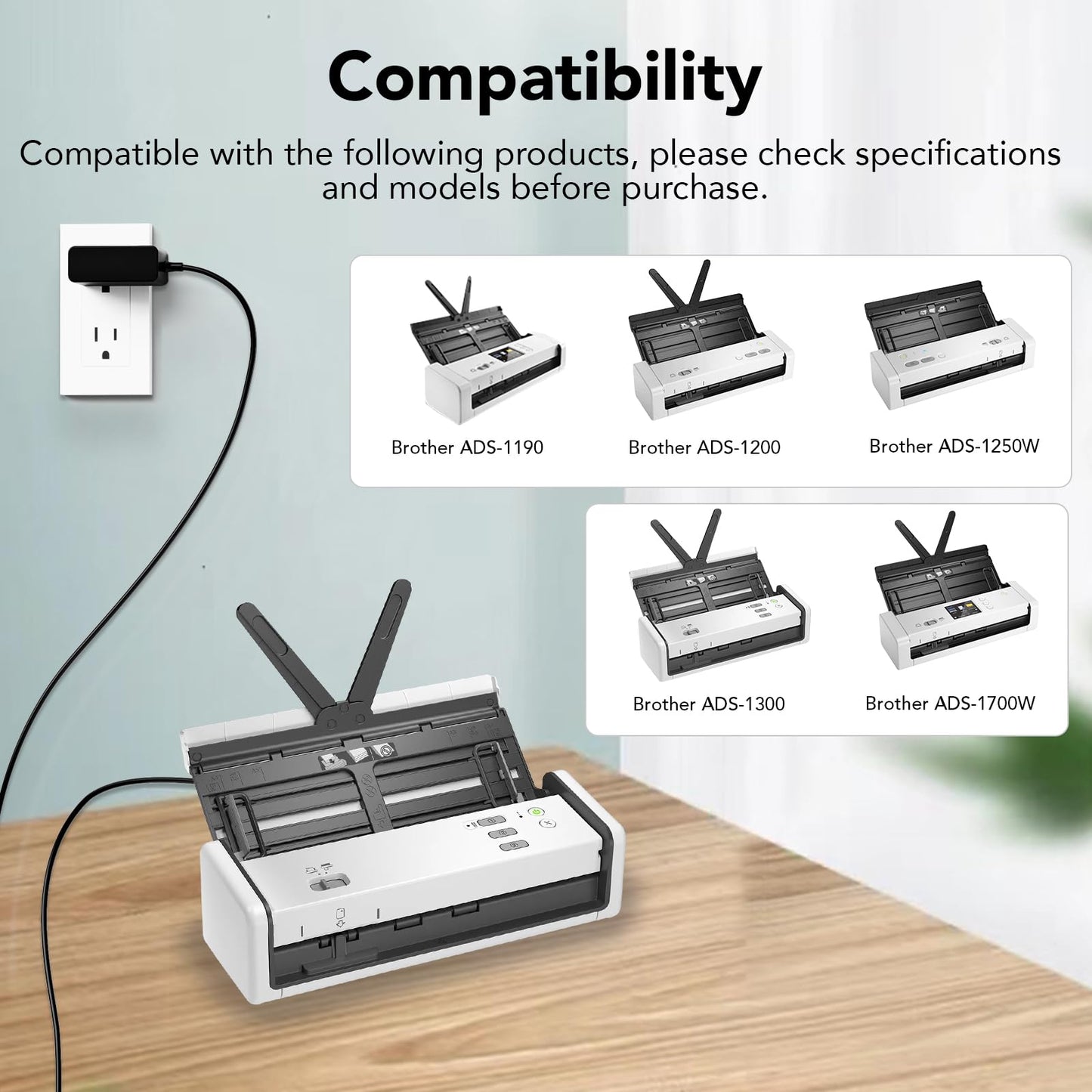 5V Power Cord Compatible with Brother ADS-1700W ADS-1350W Charger ADS-1190 ADS-1200 ADS-1250W ADS-1300 ADS1190 ADS1200 Wireless Compact Portable…