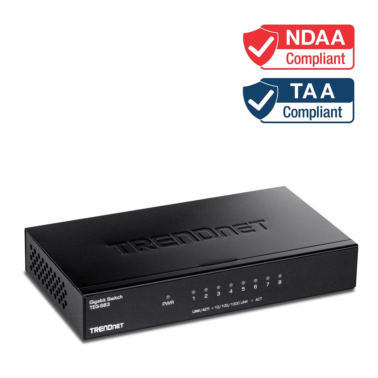 TRENDnet 8-Port Gigabit Desktop Switch, TEG-S83, 8 x Gigabit RJ-45 Ports, Ethernet Splitter, 16Gbps Switching Capacity, Fanless Design, Metal