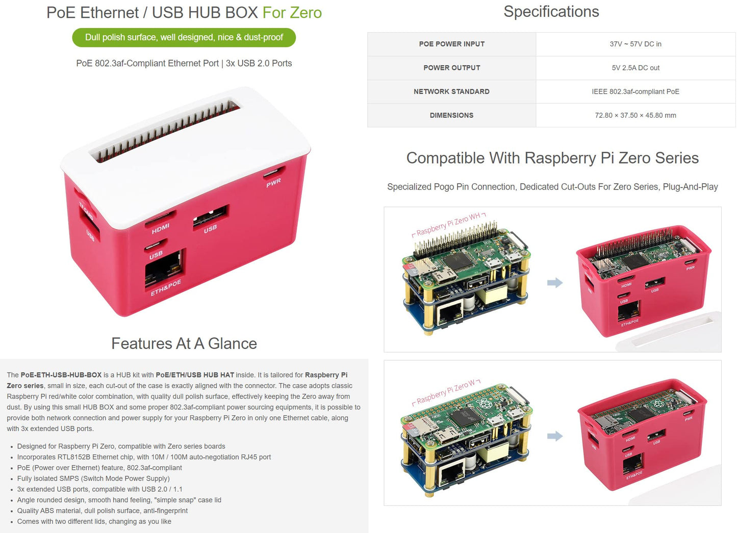 Waveshare PoE Ethernet/USB HUB Box, Compatible with Raspberry Pi Zero/Zero W/Zero WH, 3X USB 2.0 Ports, 802.3af-Compliant