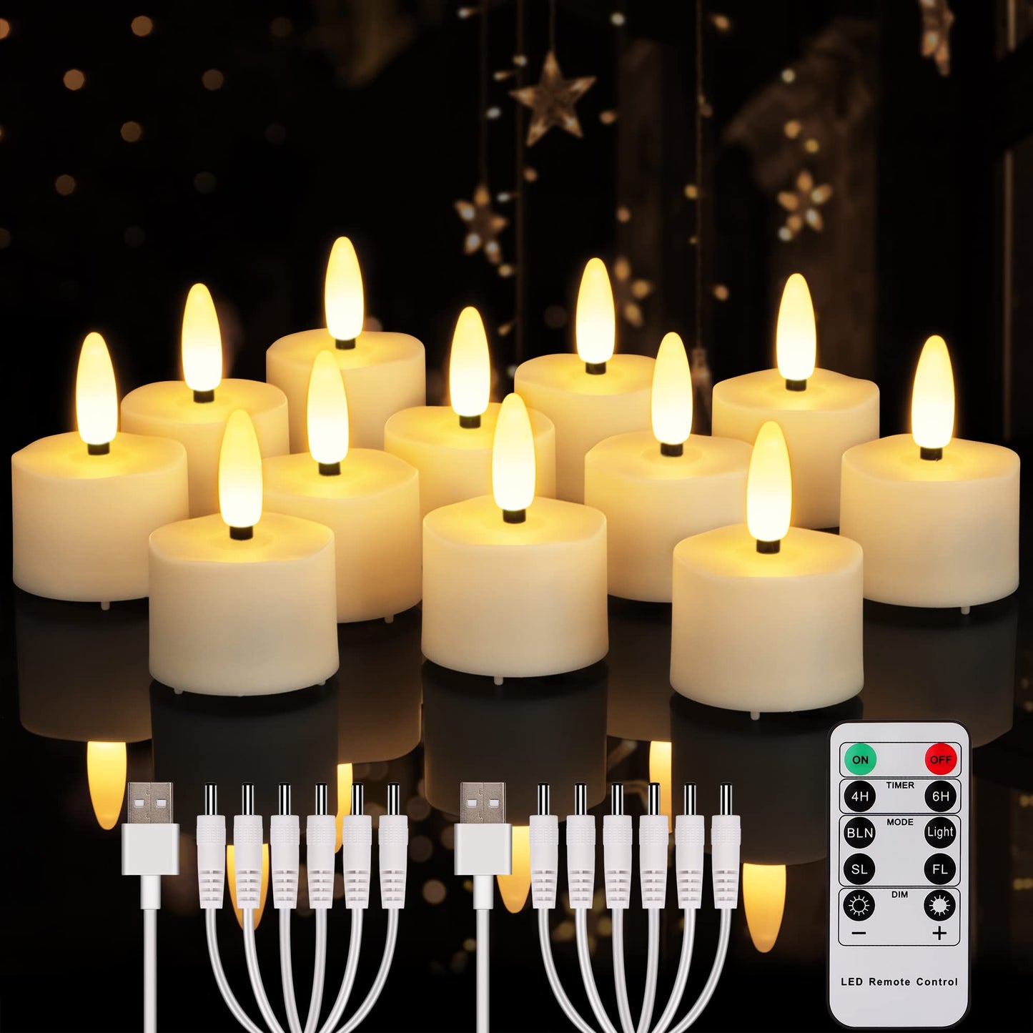 FREEPOWER Rechargeable Flameless Tea Lights Candles Flickering with Remote Timer, Black Wick Battery Operate LED Tealights for Home Decor, Party