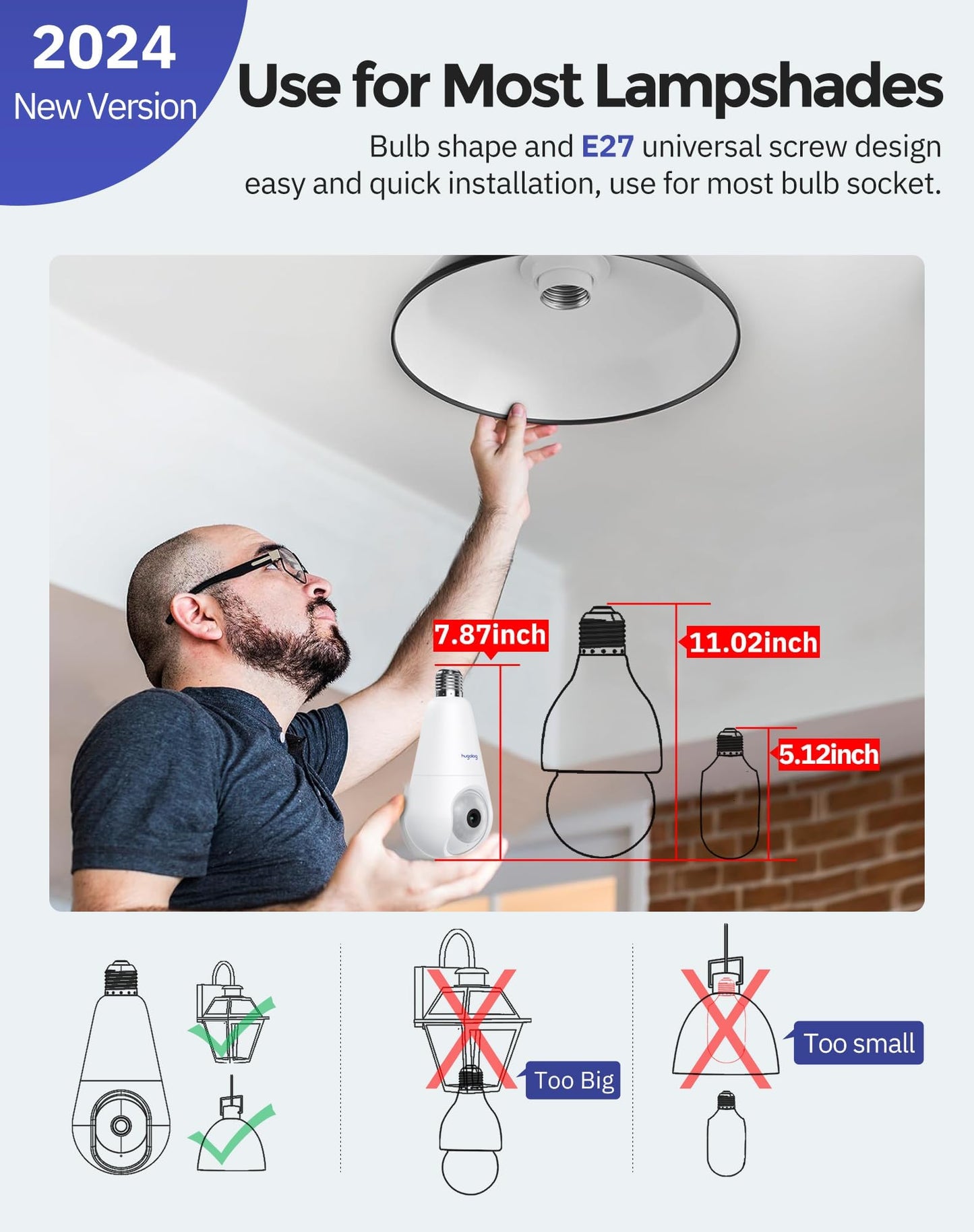 Hugolog 2K 3MP Light Bulb Security Camera 5G& 2.4GHz WiFi, 360° Wireless Outdoor Indoor Camera for Home, Motion Detection, Two-Way Talk, Color Night