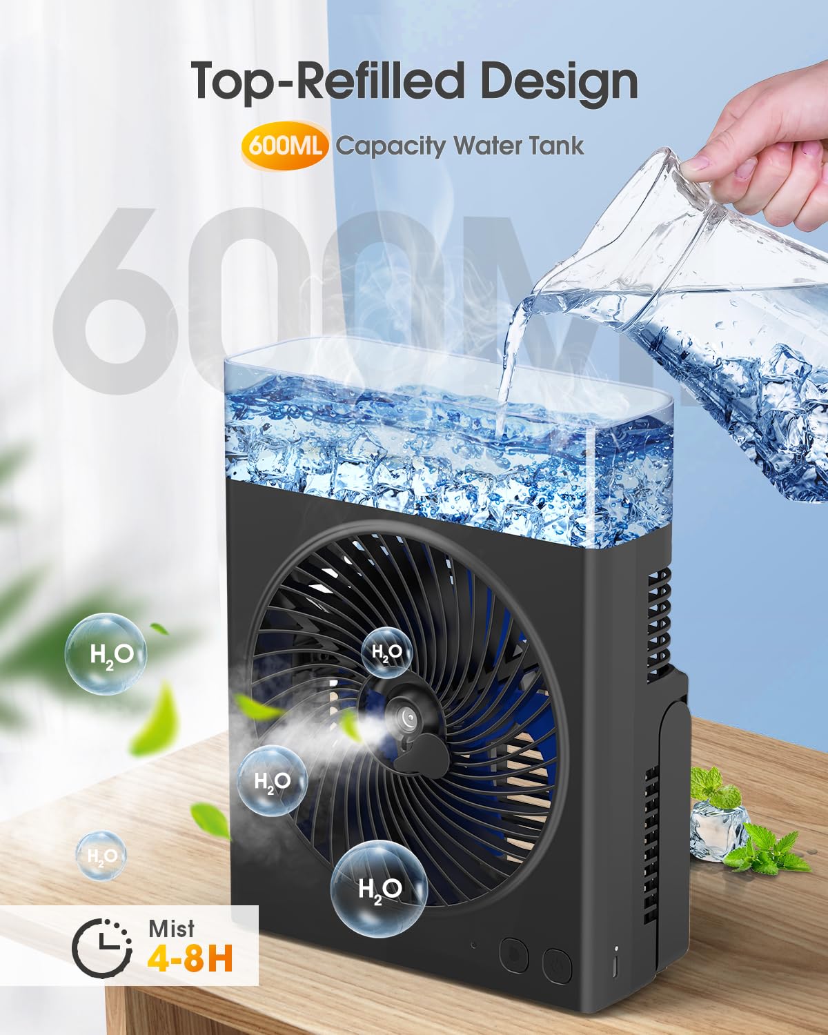 JINLICTE Portable Misting Fan,?Max 15H Runtime? 8-Inch Rechargeable Water Cooling Mist Fan with 600mL Water Tank, Quiet USB Battery Powered, Perfect