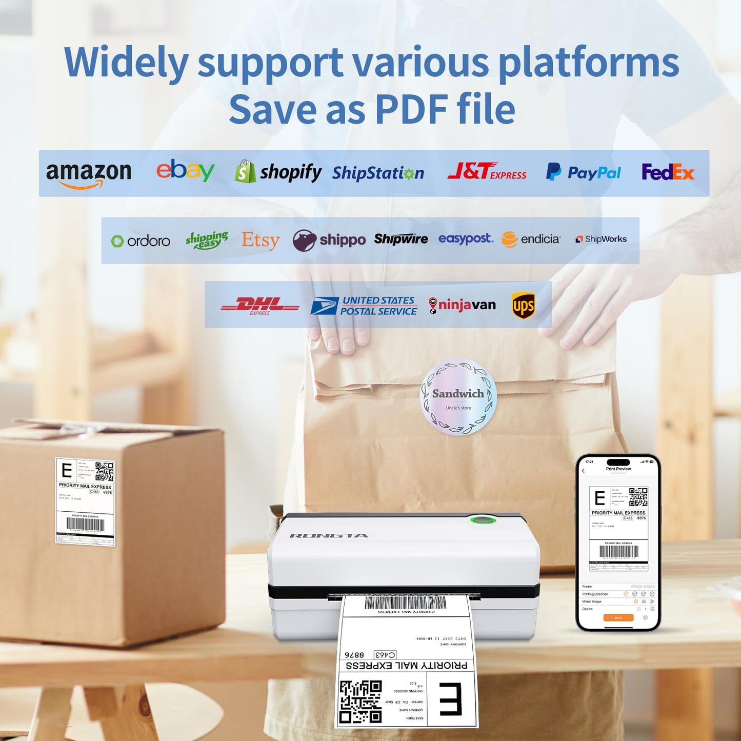 Rongta Bluetooth Thermal Shipping Label Printer, Wireless 4x6 Shipping Label Printer for Packages, Support Android&iPhone and Windows, Widely Used