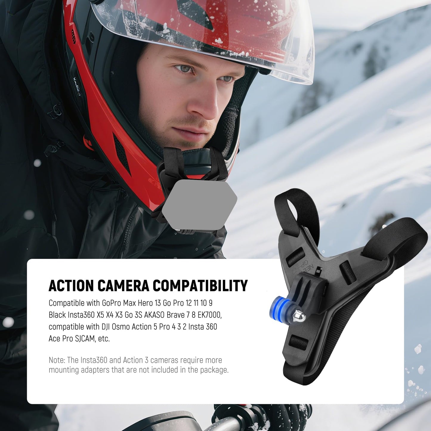 NEEWER Motorcycle Helmet Chin Camera Mount Strap, POV Vlog Accessories Kit for Video Recording Filming Compatible with GoPro Insta360 DJI AKASO Action