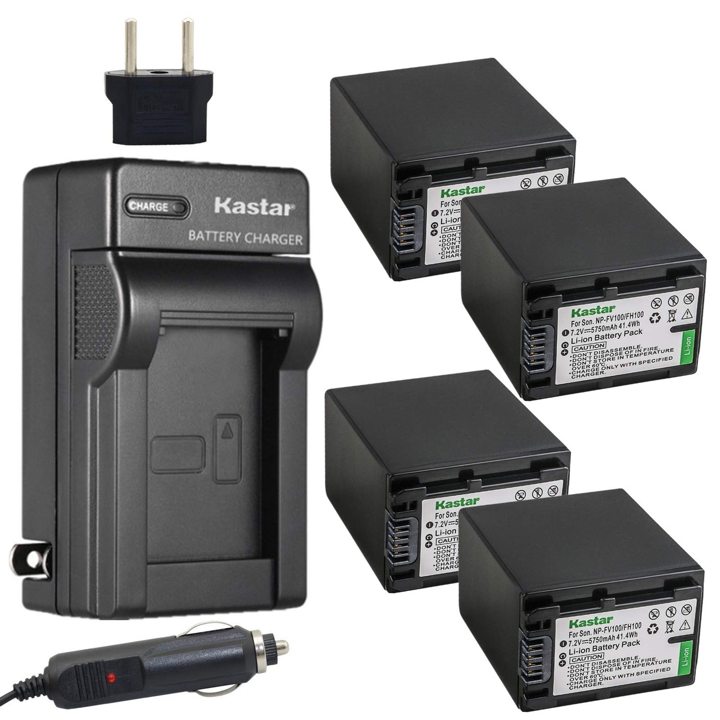Kastar NP-FV100 Battery (4X) + Charger for DCR-SR21, SR68, SR88, SX15, SX21, SX44, SX45, SX63, SX65, SX83, SX85, HDR-CX110, CX115, CX130, CX150