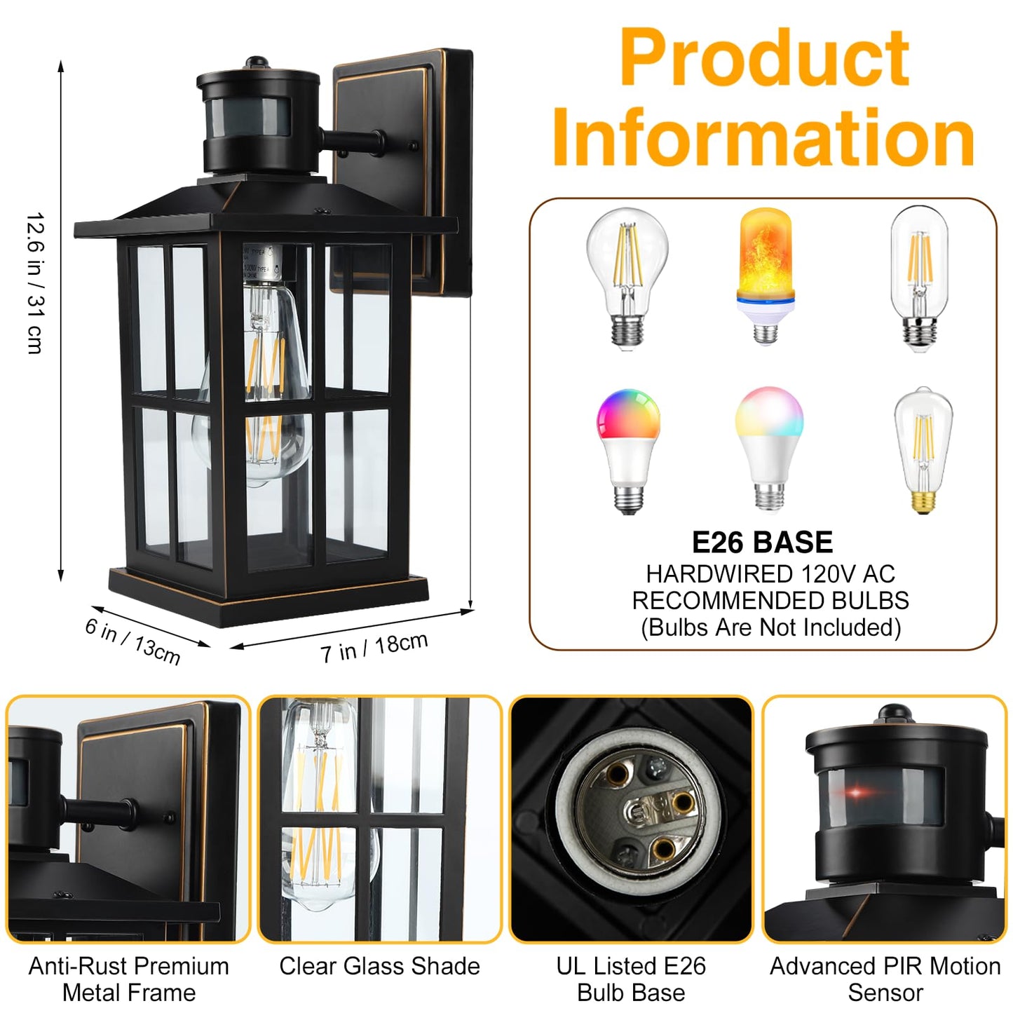 EIKESN 2 Pack Outdoor Motion Sensor Porch Light, Black Exterior Wall Lantern Lighting Fixtures,Dusk to Dawn Outdoor Wall Lights, Waterproof Front