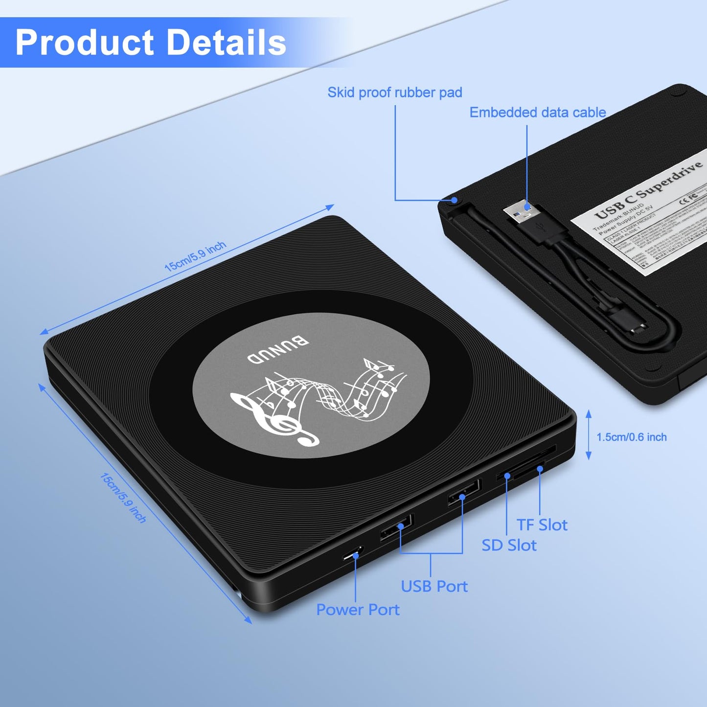 External Blu Ray CD DVD Drive, USB Blu Ray Drive External Bluray Burner Read/Write BD Player with 2 USB and TF/SD Slots, Optical Blue Ray CD DVD