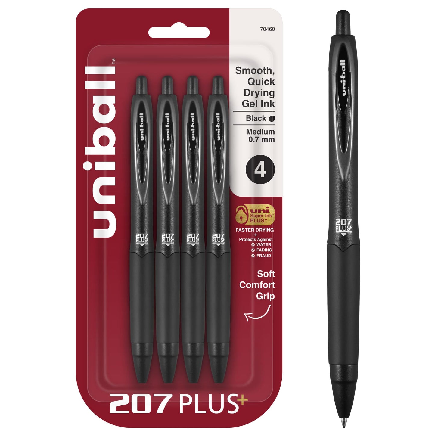 uniball™ 207 Plus+ Gel Pens, Black Ink, 0.7mm Medium Point, 4 Count