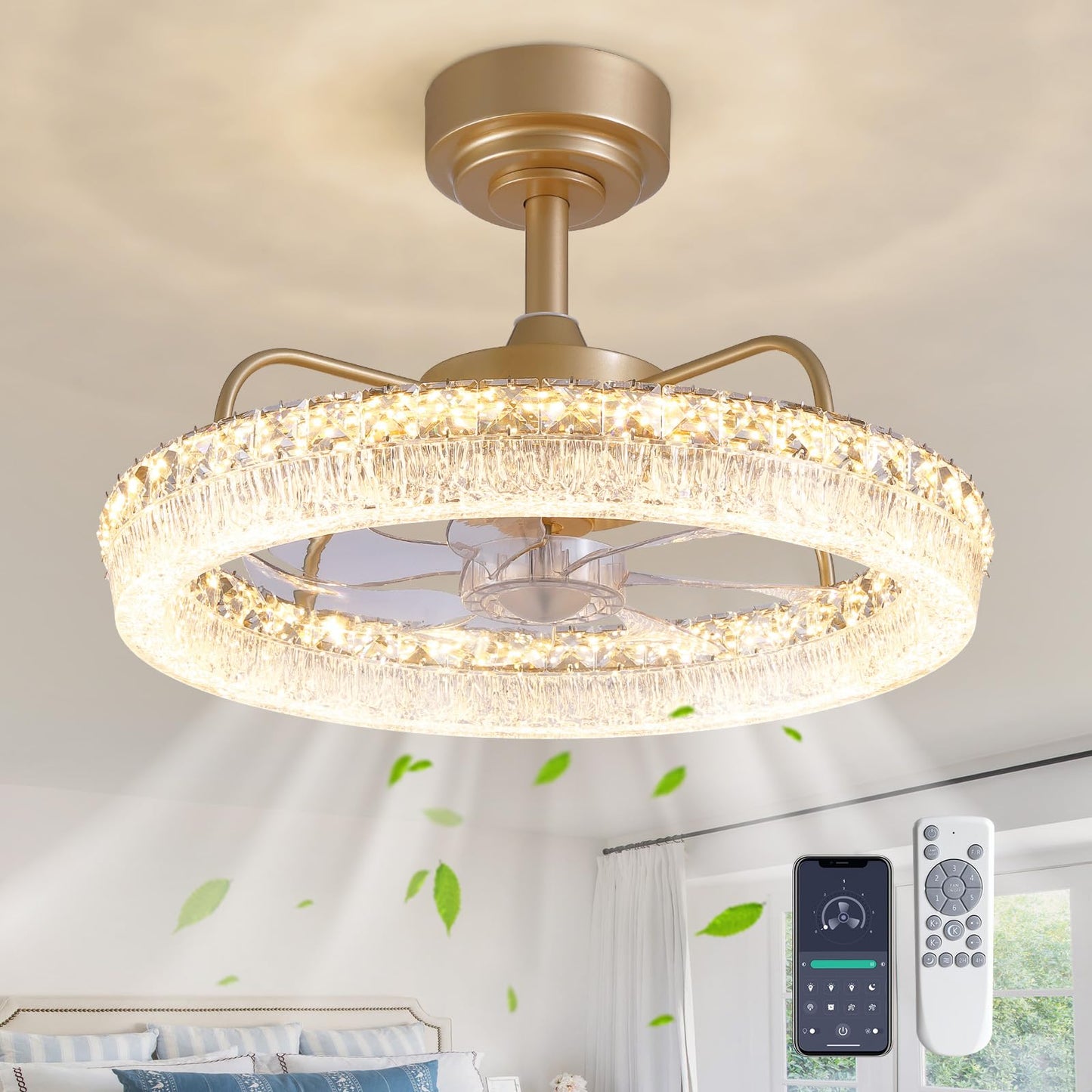 CROSSIO 20'' Ceiling Fan with Lights and Remote, 3000-6000K Dimmable Low Profile Crystal Ceiling Fan, 6 Wind Speeds Modern Flush Mount LED Fandelier