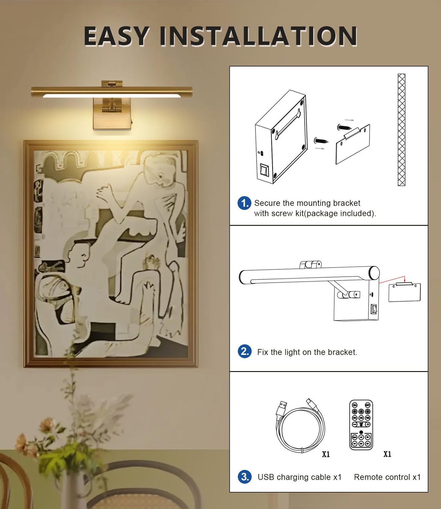 Joosenhouse Battery Operated Picture Lights for Wall Rechargeable Art Lighting for Paintings Wireless Gallery Light with Remote Control 16.54”