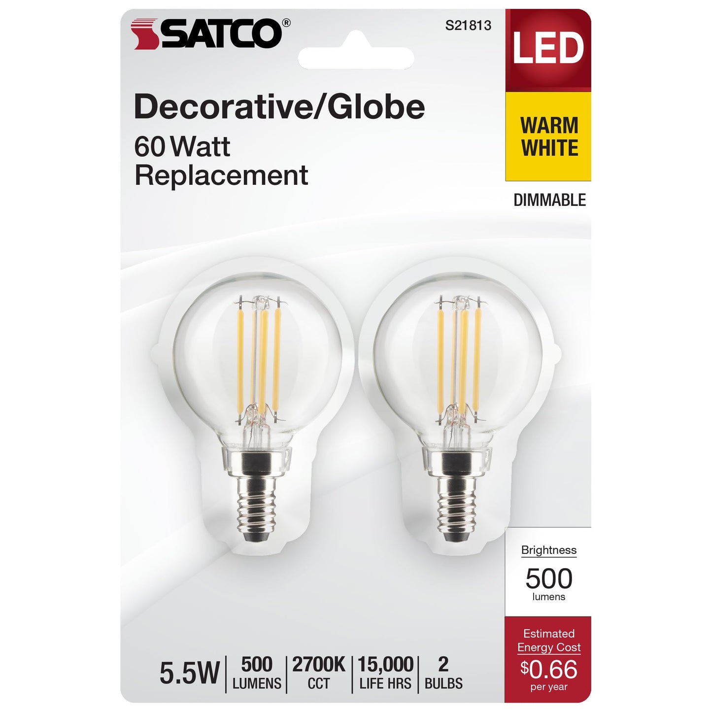 Satco S21813 5.5 Watt G16.5 LED Bulb, Clear, Candelabra Base, 2700K, 500 Lumens, 120 Volt, 2-Pack
