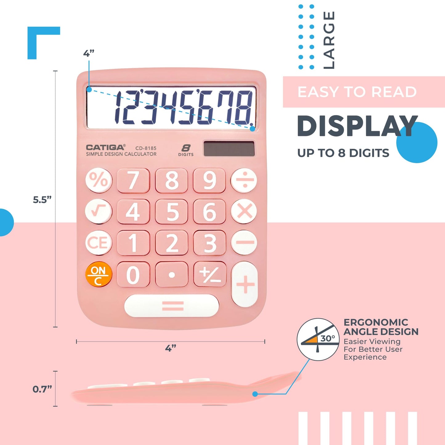 CATIGA Desktop Calculator 8 Digit with Solar Power and LCD Display, Big Buttons, for Home, Office, School, Class and Business, 4 Function Small Basic