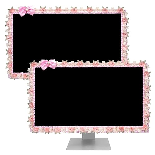 ReignSword 2 Pcs 23''-26'' Cute Computer Monitor Cover with Bow Tie, Lovely Computer Accessories with Lace Design, Monitor Dust Cover Protector (Pink)
