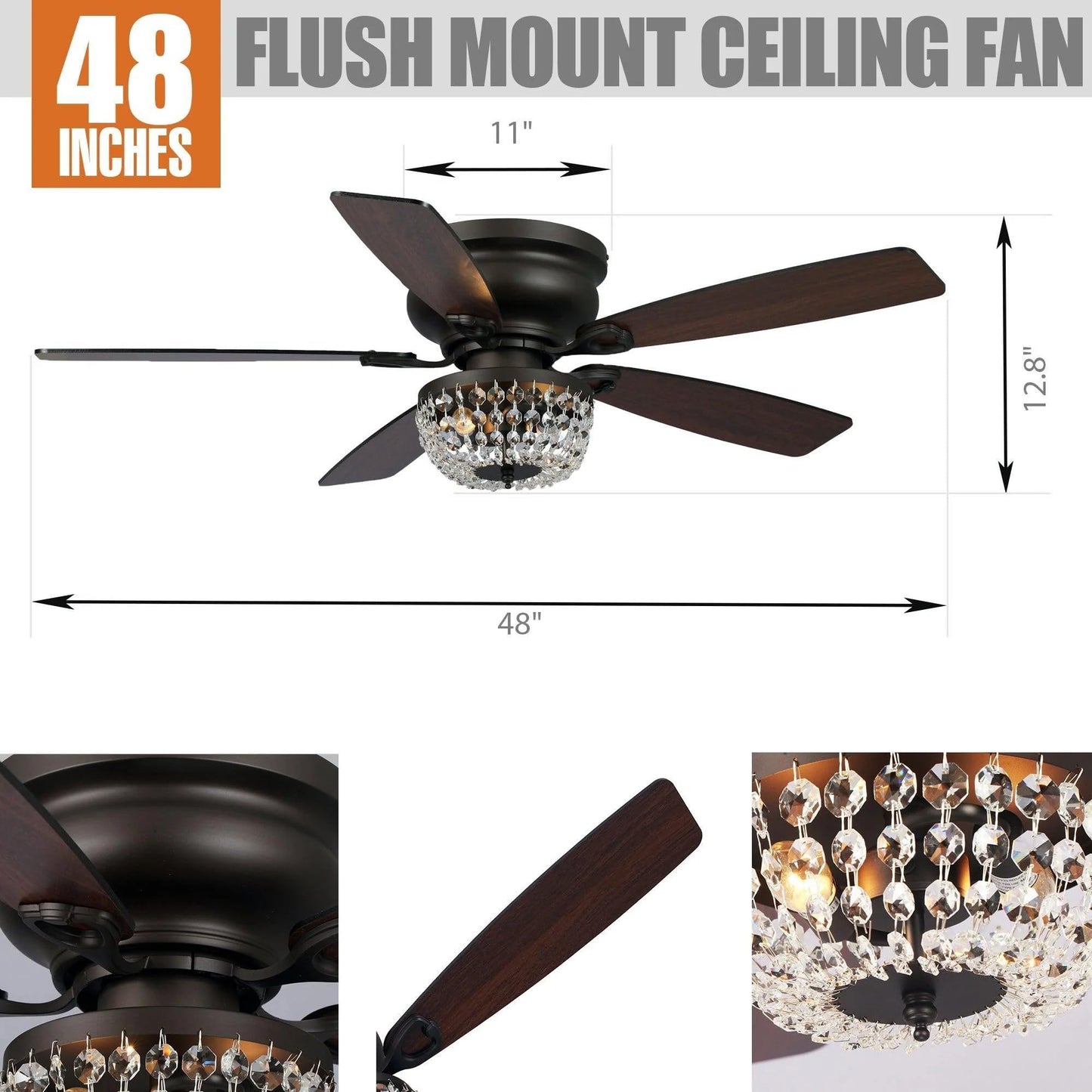 Vaczon 48 Inch Low Profile Ceiling Fan with Light: Farmhouse Caged Fandelier, Crystal Flush Mount Ceiling Fan with Remote, Indoor/Outdoor Use