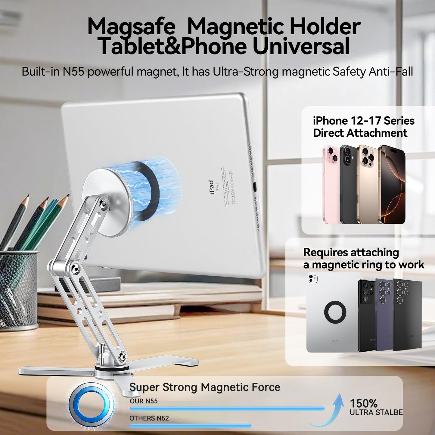 Eupterosaur Magnetic Phone Tripod Stand with Anti Slip Silicone,Height Adjustable,360° Rotating Phone Holder,Portable Tablet Stand,Foldable ipad