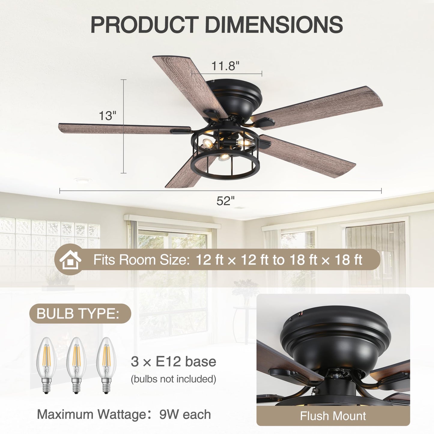 Breezary 52 Inch Flush Mount Farmhouse Rustic Ceiling Fan with Light and Remote, Reversible AC Motor, 5 Dual Finish Blades, Industrial Low Profile