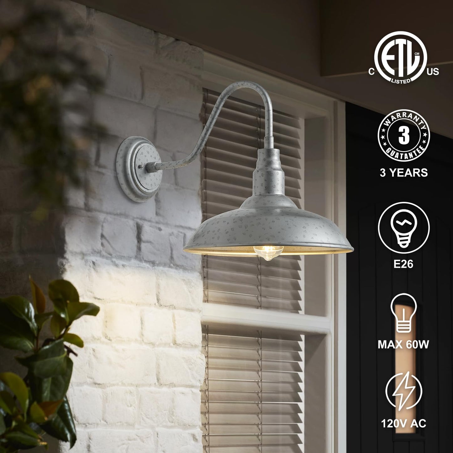GOALPLUS 10in Dome Outdoor Gooseneck Barn Light, 2 Pack Silver Exterior Porch Gooseneck Wall Mount Lighting Fixture, Farmhouse Style Outside Barn Wall