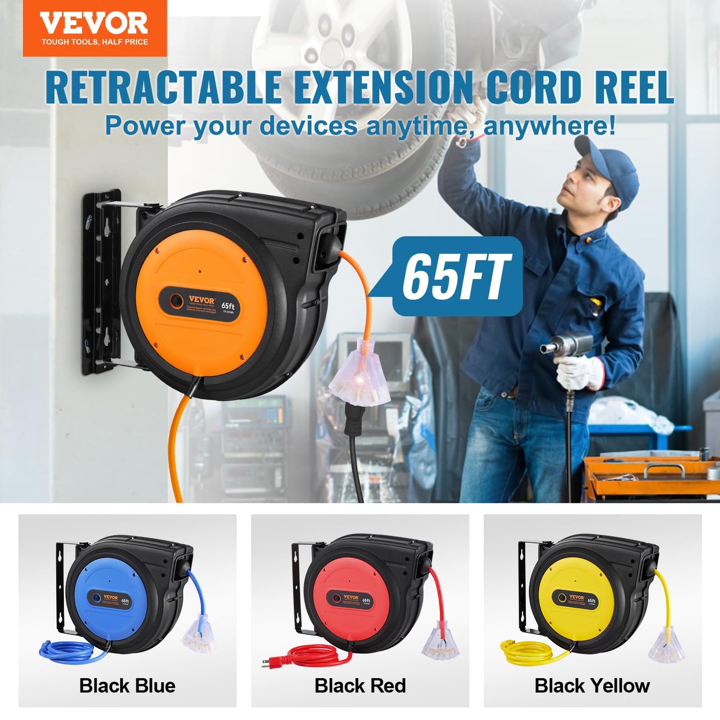 VEVOR Retractable Extension Cord Reel, 65 FT, Heavy Duty 12AWG/3C SJTOW Power Cord, with Lighted Triple Tap Outlet, 15 Amp Circuit Breaker, 180°