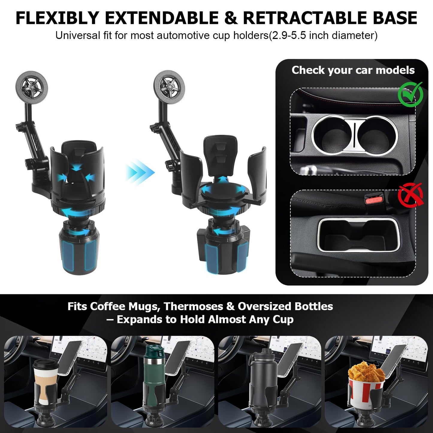 Frani Car Cup Holder Expander with Magnetic Phone Mount - Adjustable Insert Fits 2.68-4.33" Holders, 360° Adjustable Neck & Strong N52 Magnets